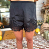 Satin Date Night Black Lace Shorts-410 Shorts/Skirts-TCEC-July & June Women's Fashion Boutique Located in San Antonio, Texas
