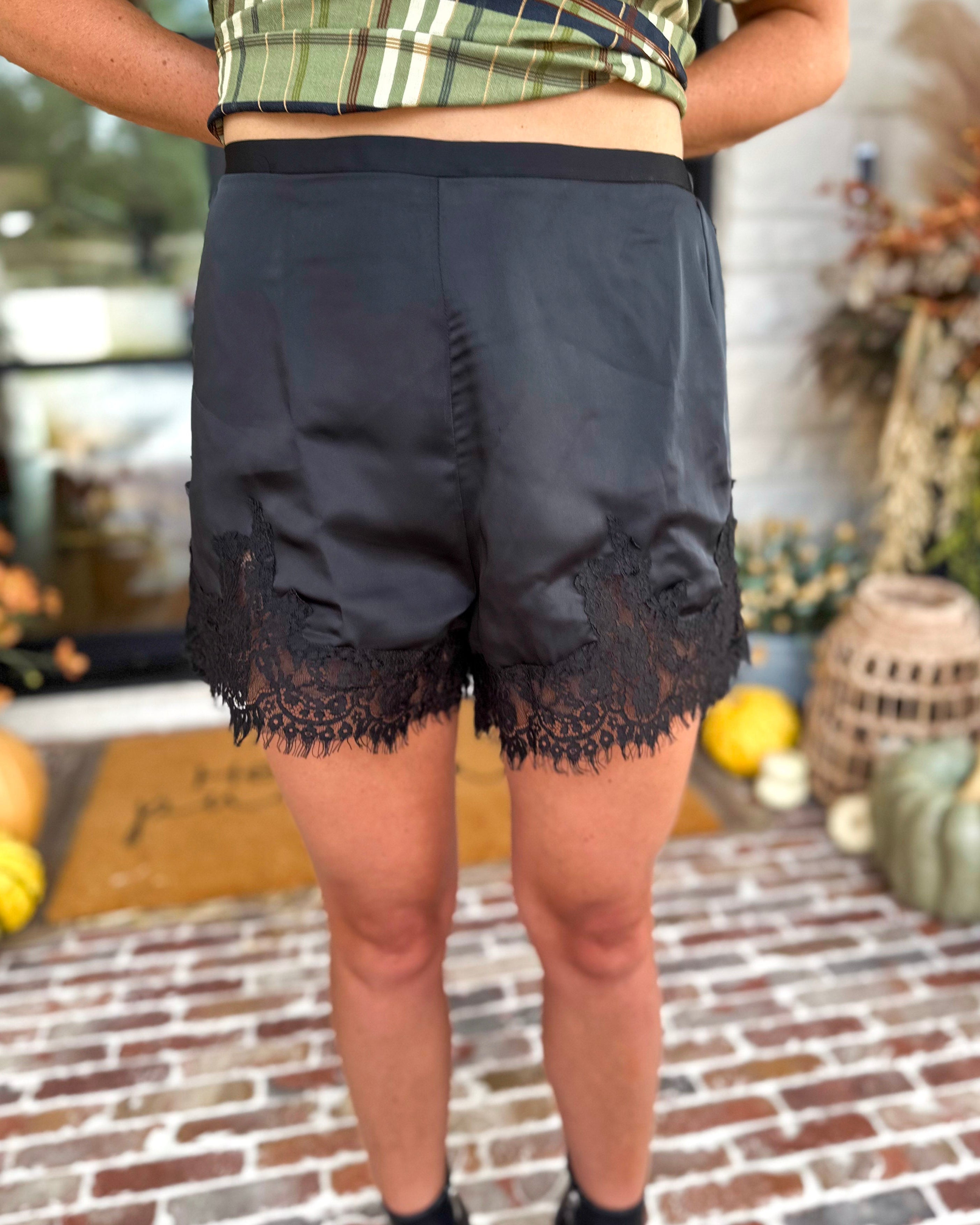 Satin Date Night Black Lace Shorts-410 Shorts/Skirts-TCEC-July & June Women's Fashion Boutique Located in San Antonio, Texas