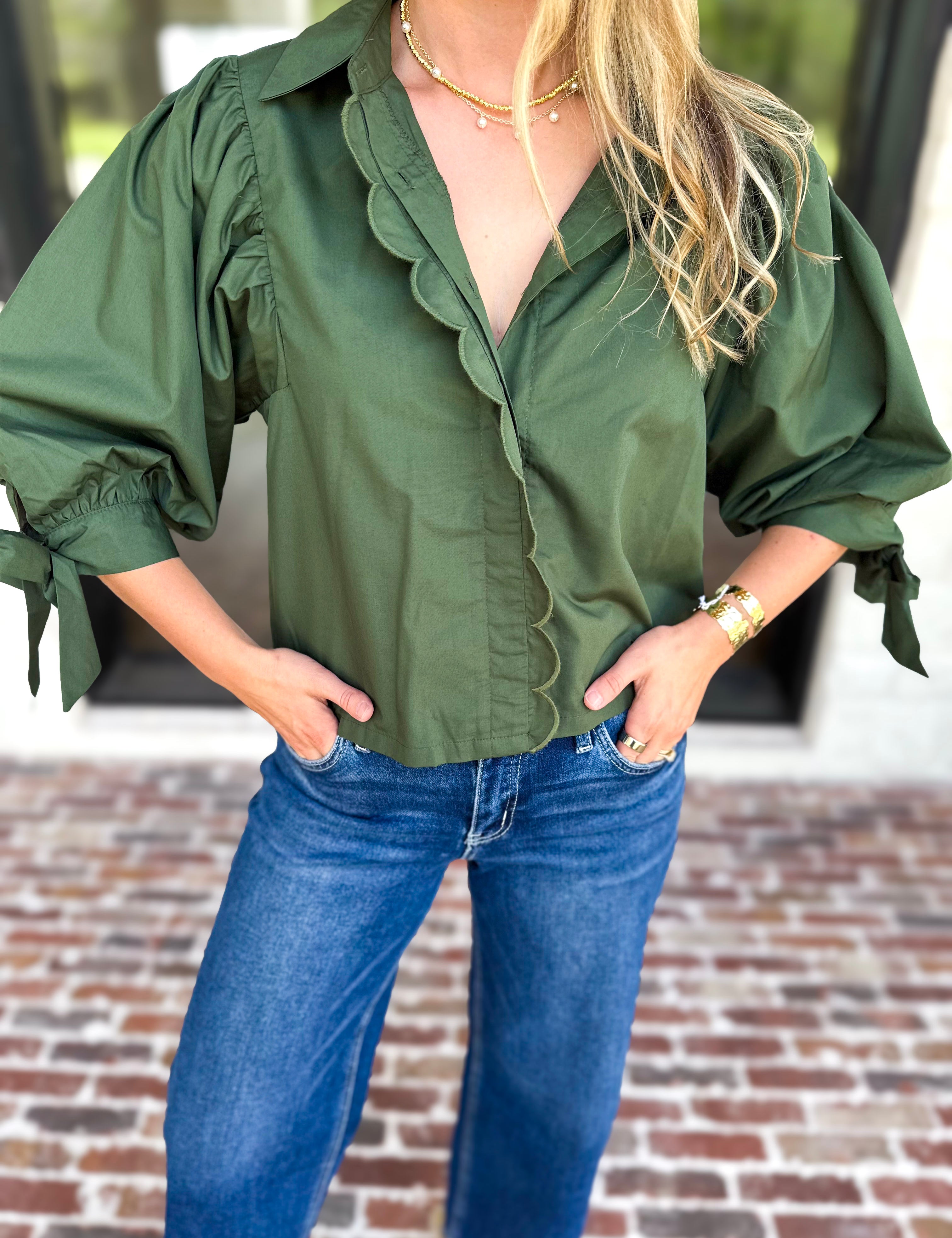 The Campbell Button Down Blouse - Forest-200 Fashion Blouses-ENTRO-July & June Women's Fashion Boutique Located in San Antonio, Texas