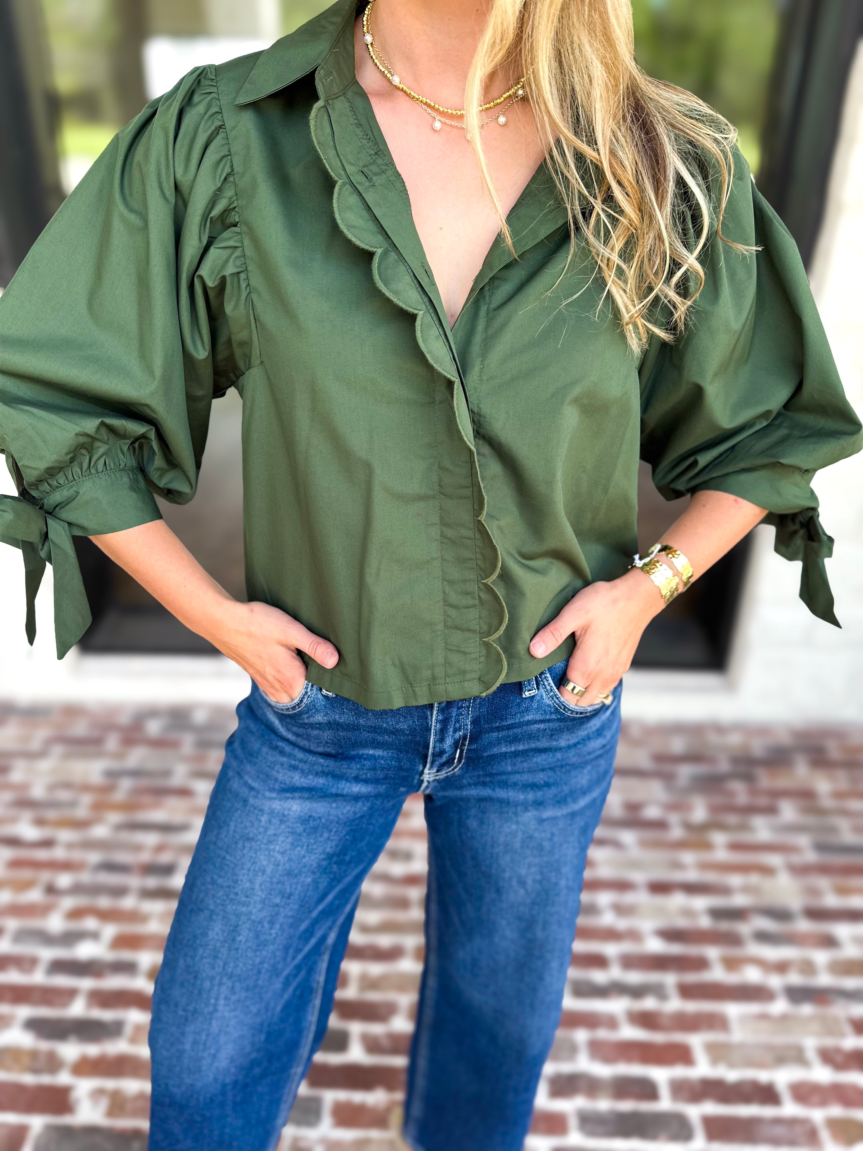 The Campbell Button Down Blouse - Forest-200 Fashion Blouses-ENTRO-July & June Women's Fashion Boutique Located in San Antonio, Texas