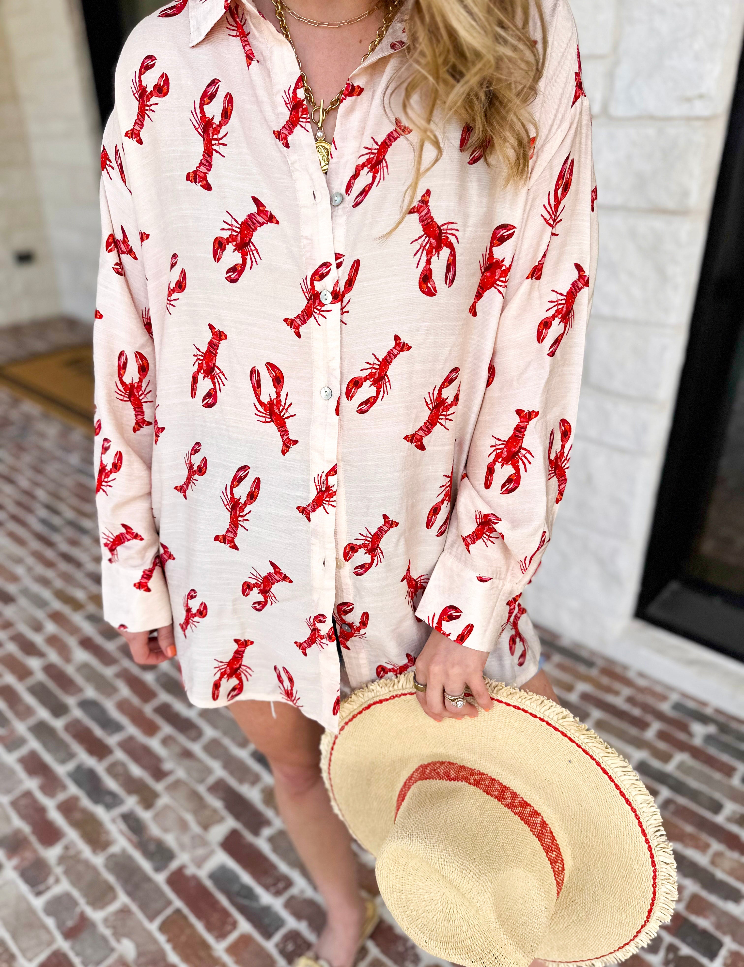Lobster Button Down Blouse-200 Fashion Blouses-ENTRO-July & June Women's Fashion Boutique Located in San Antonio, Texas