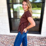 Essentials Knotted Blouse - Chocolate-200 Fashion Blouses-ENTRO-July & June Women's Fashion Boutique Located in San Antonio, Texas