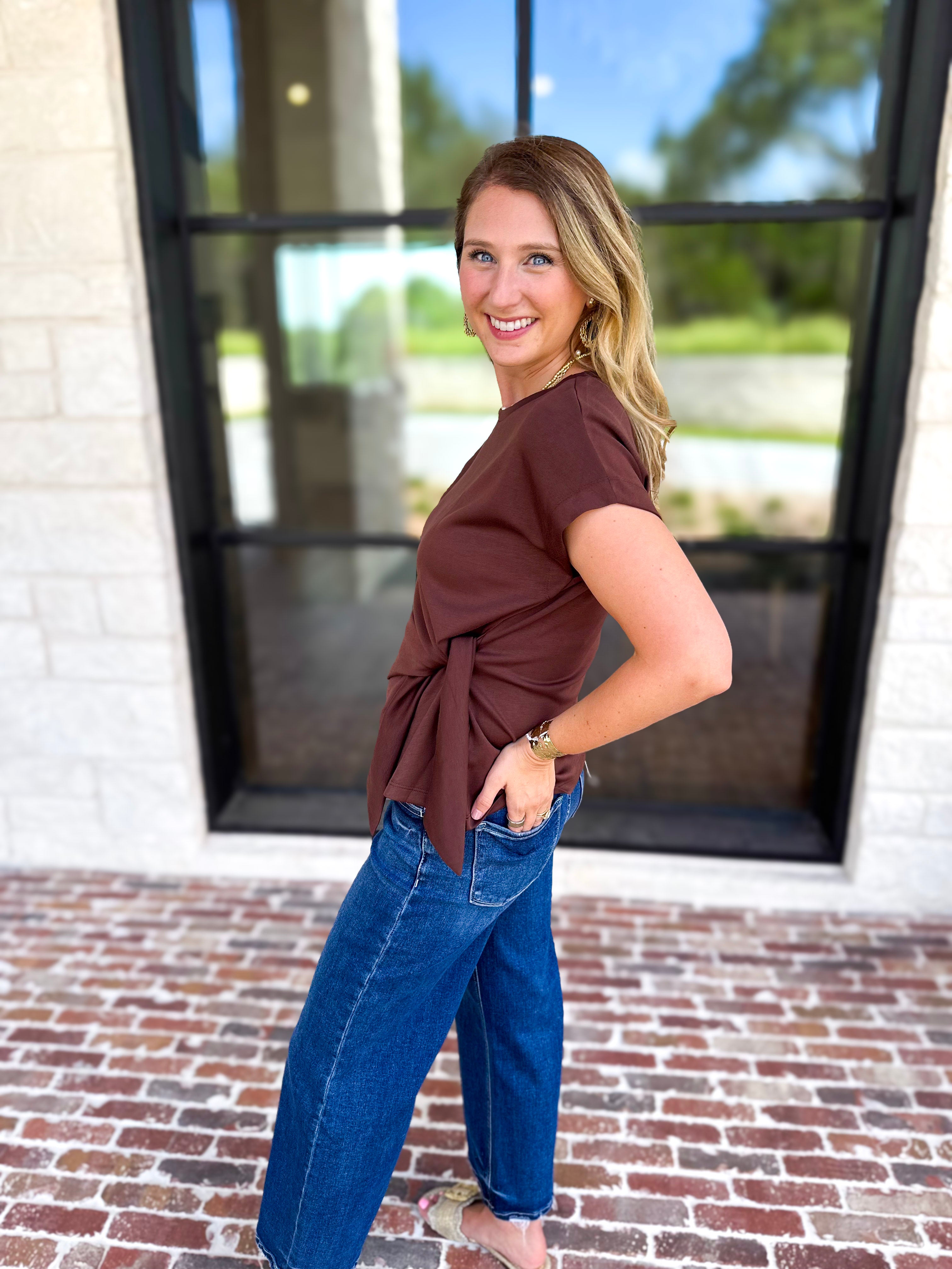 Essentials Knotted Blouse - Chocolate-200 Fashion Blouses-ENTRO-July & June Women's Fashion Boutique Located in San Antonio, Texas