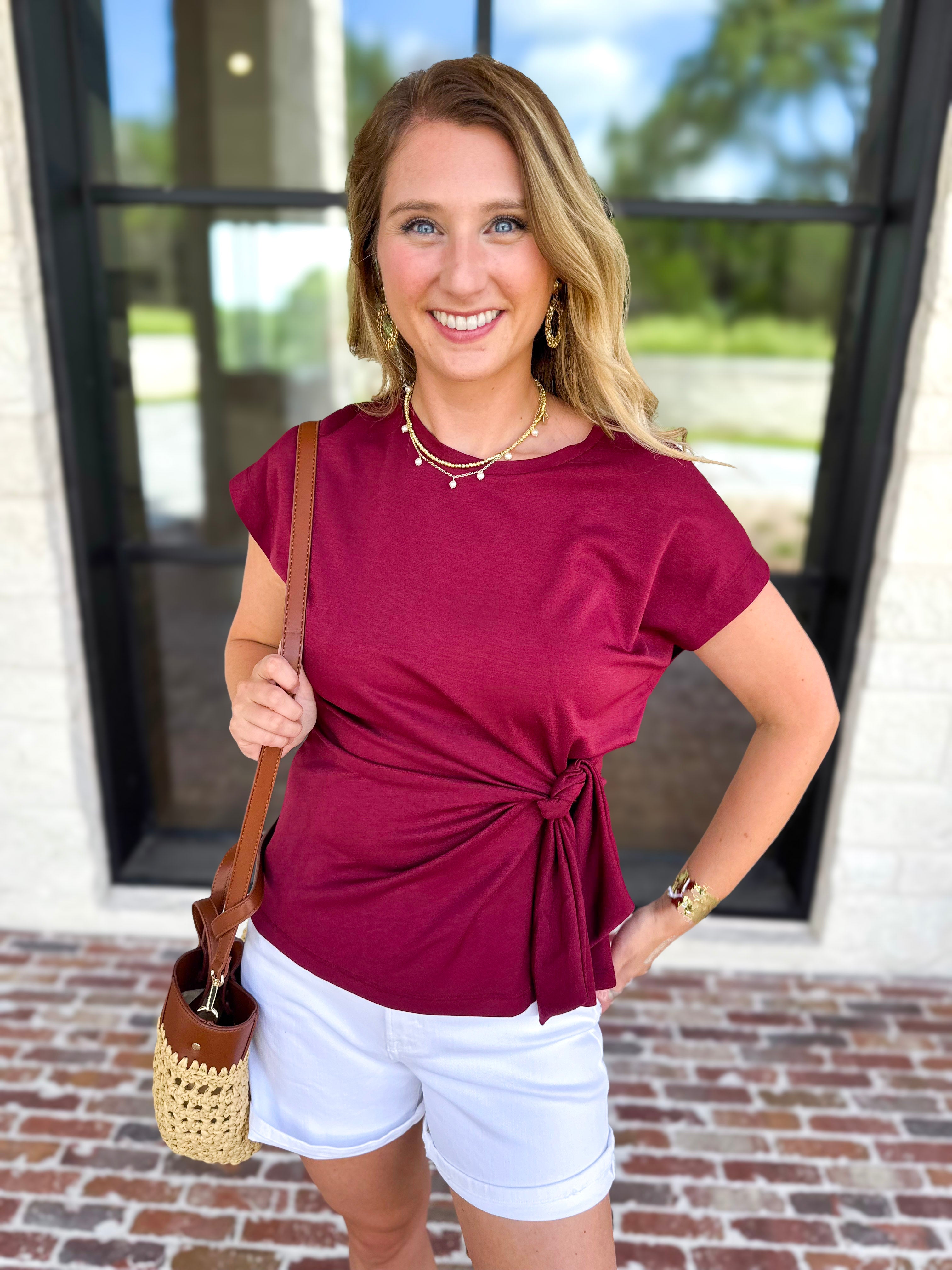Essentials Knotted Blouse - Merlot-200 Fashion Blouses-ENTRO-July & June Women's Fashion Boutique Located in San Antonio, Texas