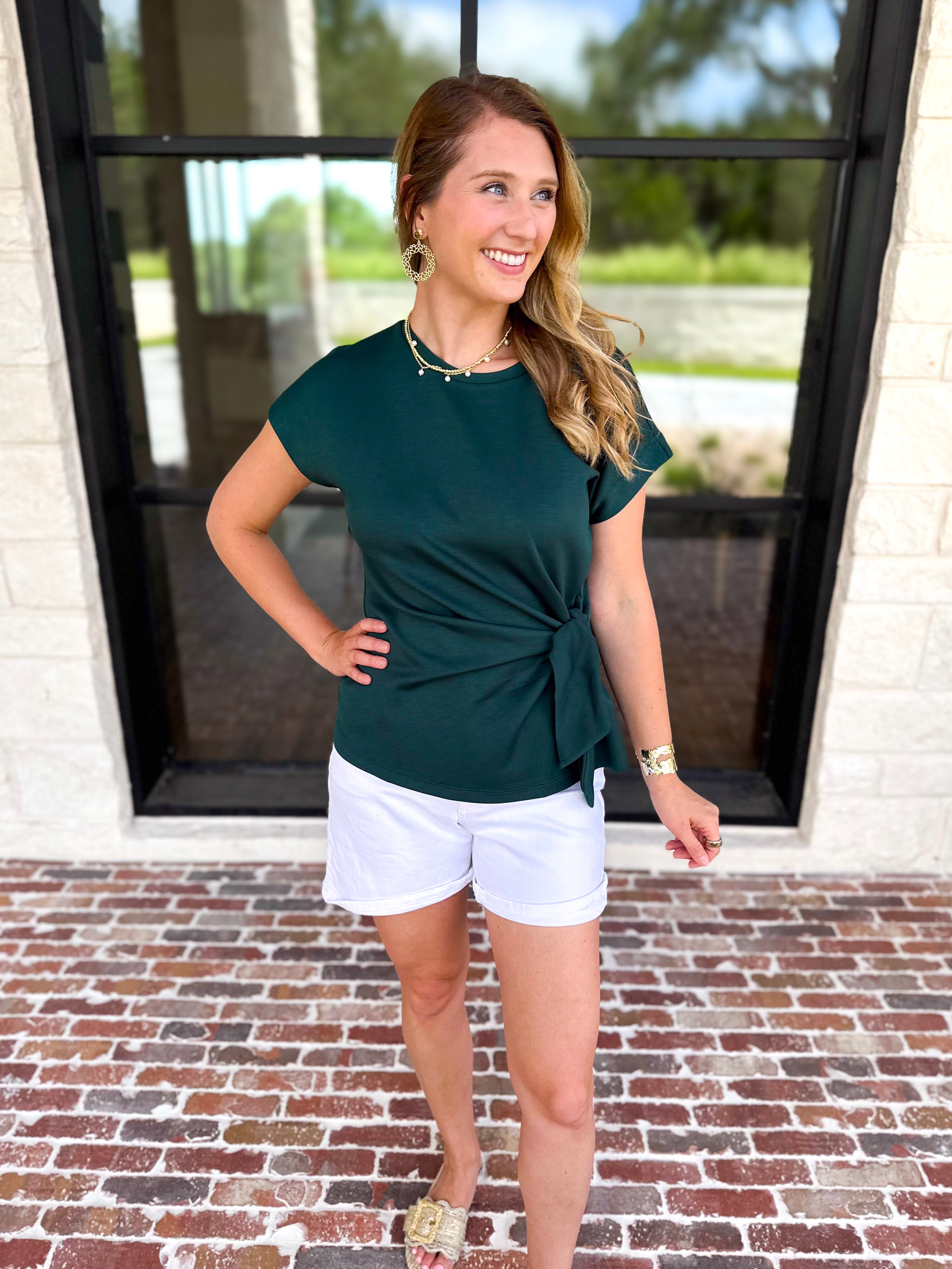 Essentials Knotted Blouse - Hunter Green-200 Fashion Blouses-ENTRO-July & June Women's Fashion Boutique Located in San Antonio, Texas