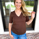 Liverpool - Double Layer V-Neck Top - Espresso-210 Casual Blouses-LIVERPOOL JEANS COMPANY-July & June Women's Fashion Boutique Located in San Antonio, Texas