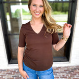 Liverpool - Double Layer V-Neck Top - Espresso-210 Casual Blouses-LIVERPOOL JEANS COMPANY-July & June Women's Fashion Boutique Located in San Antonio, Texas