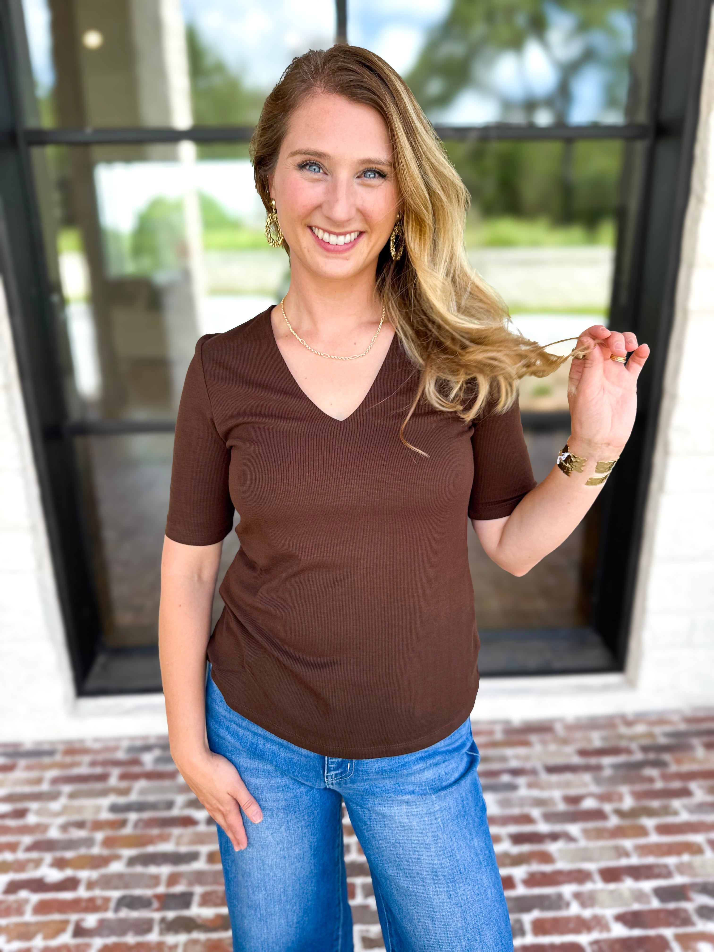 Liverpool - Double Layer V-Neck Top - Espresso-210 Casual Blouses-LIVERPOOL JEANS COMPANY-July & June Women's Fashion Boutique Located in San Antonio, Texas