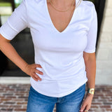 Liverpool - Double Layer V-Neck Top - Ivory-210 Casual Blouses-LIVERPOOL JEANS COMPANY-July & June Women's Fashion Boutique Located in San Antonio, Texas