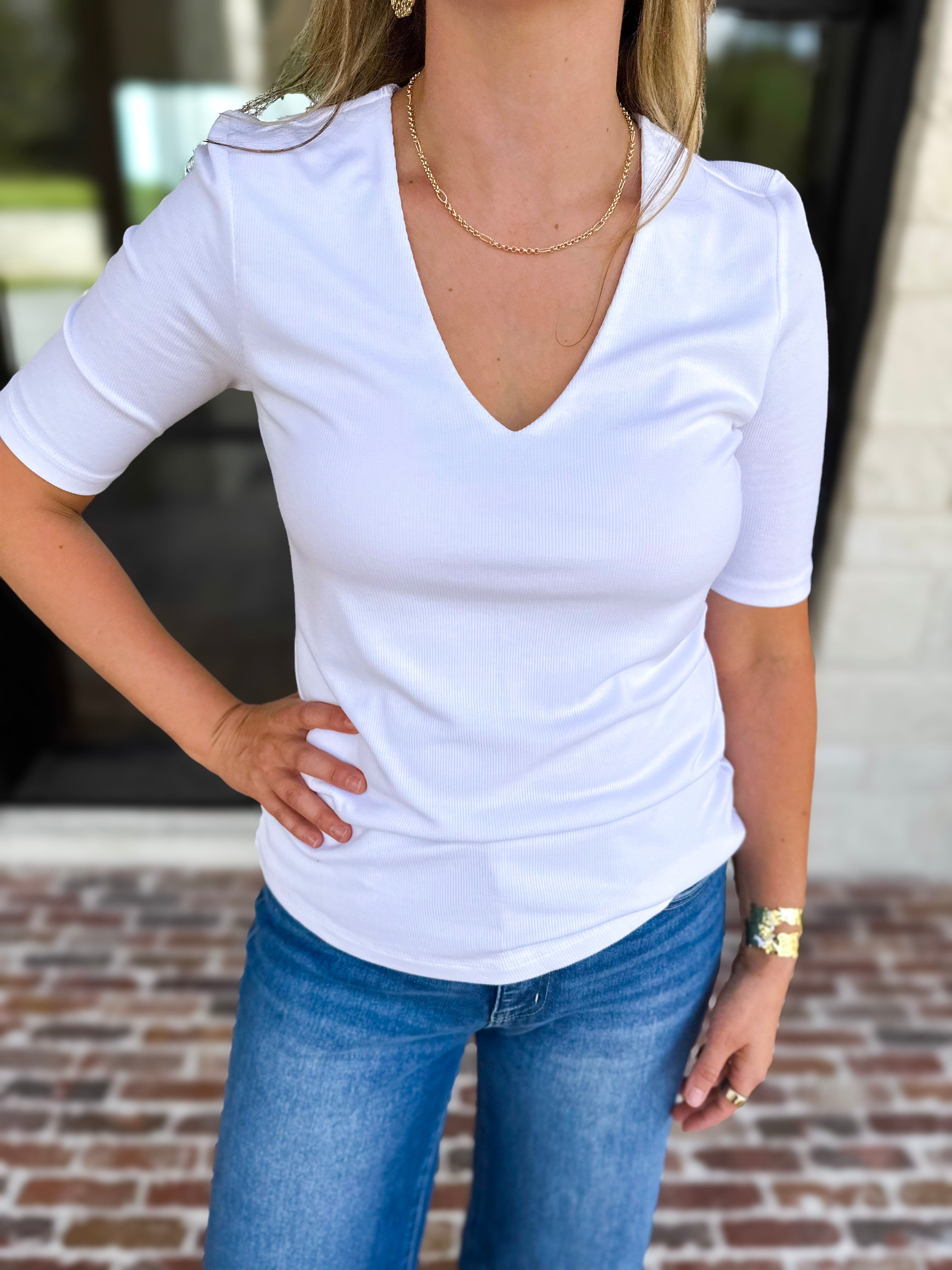 Liverpool - Double Layer V-Neck Top - Ivory-210 Casual Blouses-LIVERPOOL JEANS COMPANY-July & June Women's Fashion Boutique Located in San Antonio, Texas