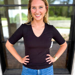 Liverpool - Double Layer V-Neck Top - Black-210 Casual Blouses-LIVERPOOL JEANS COMPANY-July & June Women's Fashion Boutique Located in San Antonio, Texas