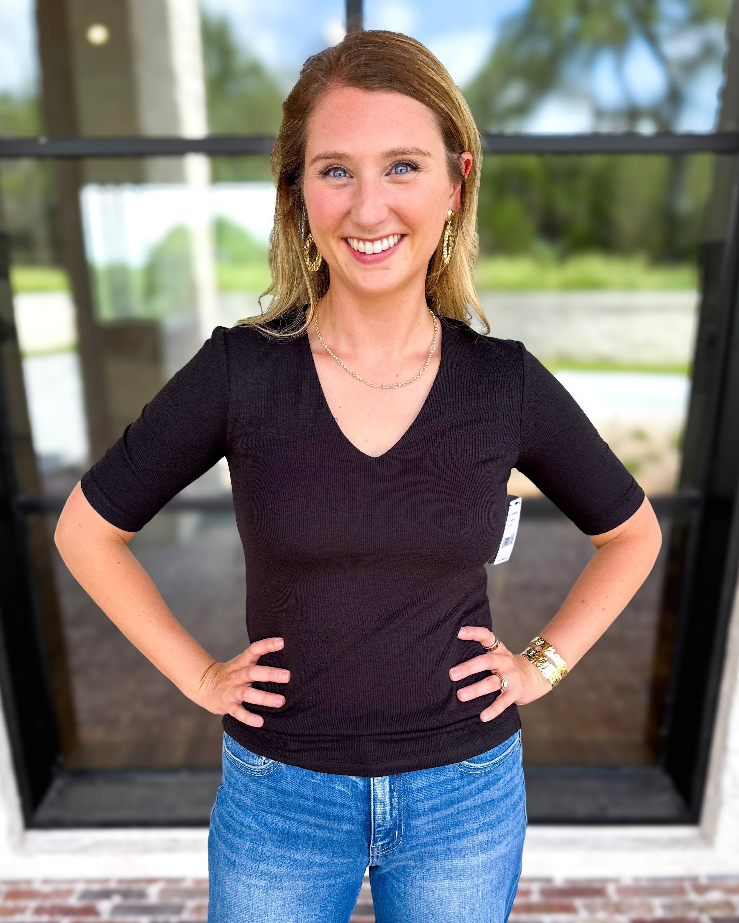 Liverpool - Double Layer V-Neck Top - Black-210 Casual Blouses-LIVERPOOL JEANS COMPANY-July & June Women's Fashion Boutique Located in San Antonio, Texas