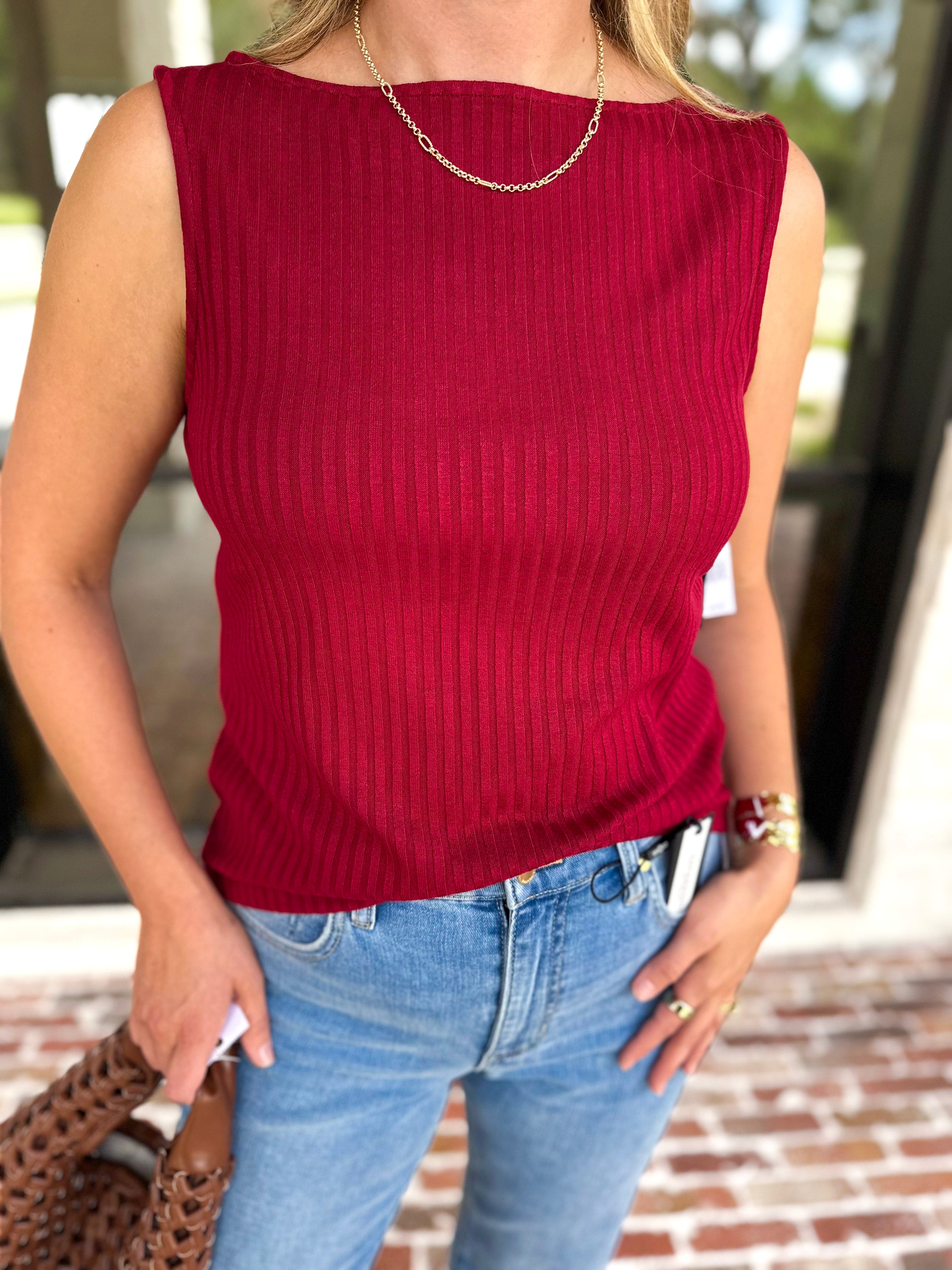 Liverpool - Classic Boatneck Knit Tank - Cranberry-210 Casual Blouses-LIVERPOOL JEANS COMPANY-July & June Women's Fashion Boutique Located in San Antonio, Texas