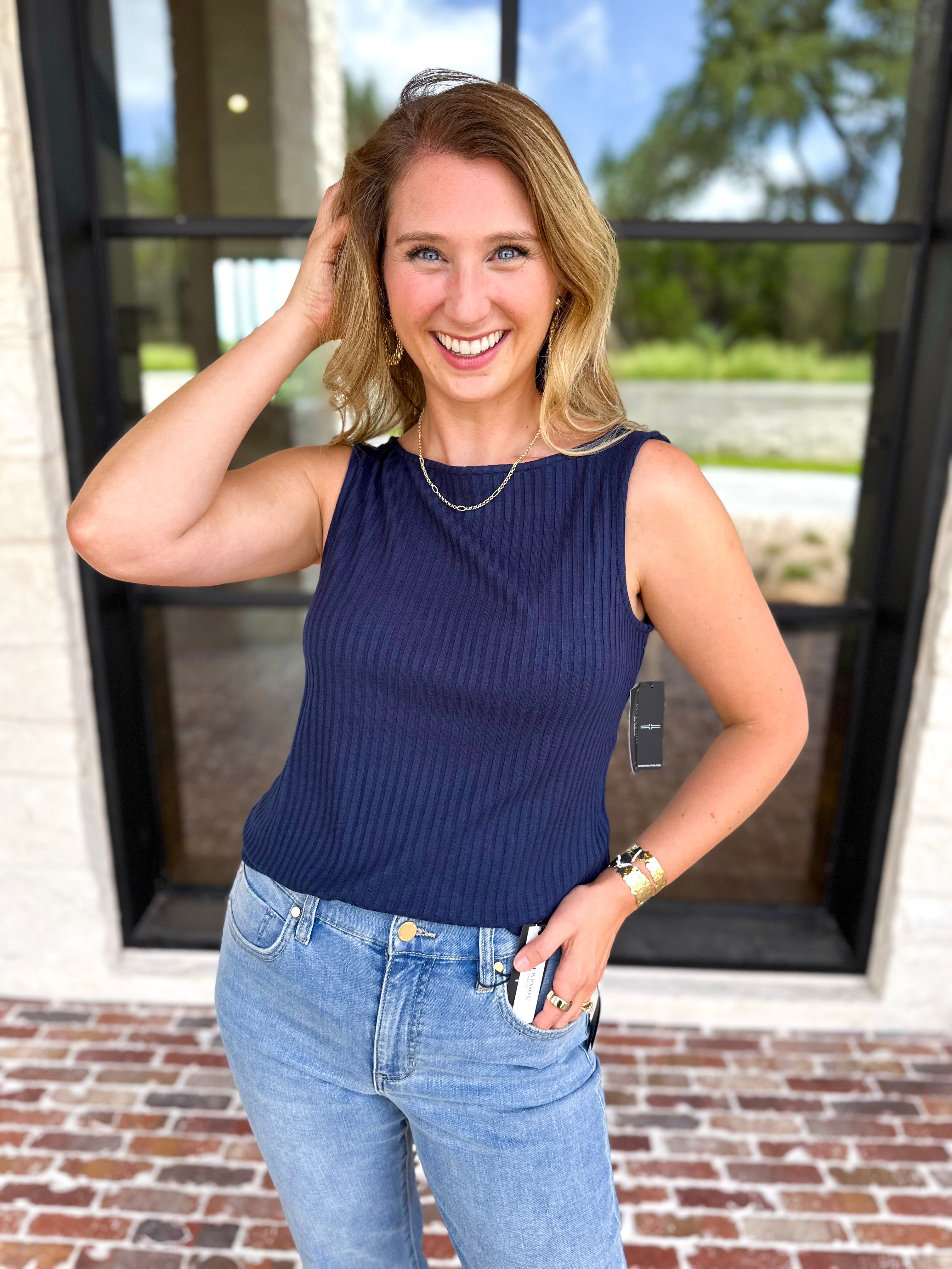 Liverpool - Classic Boatneck Knit Tank - Navy-210 Casual Blouses-LIVERPOOL JEANS COMPANY-July & June Women's Fashion Boutique Located in San Antonio, Texas