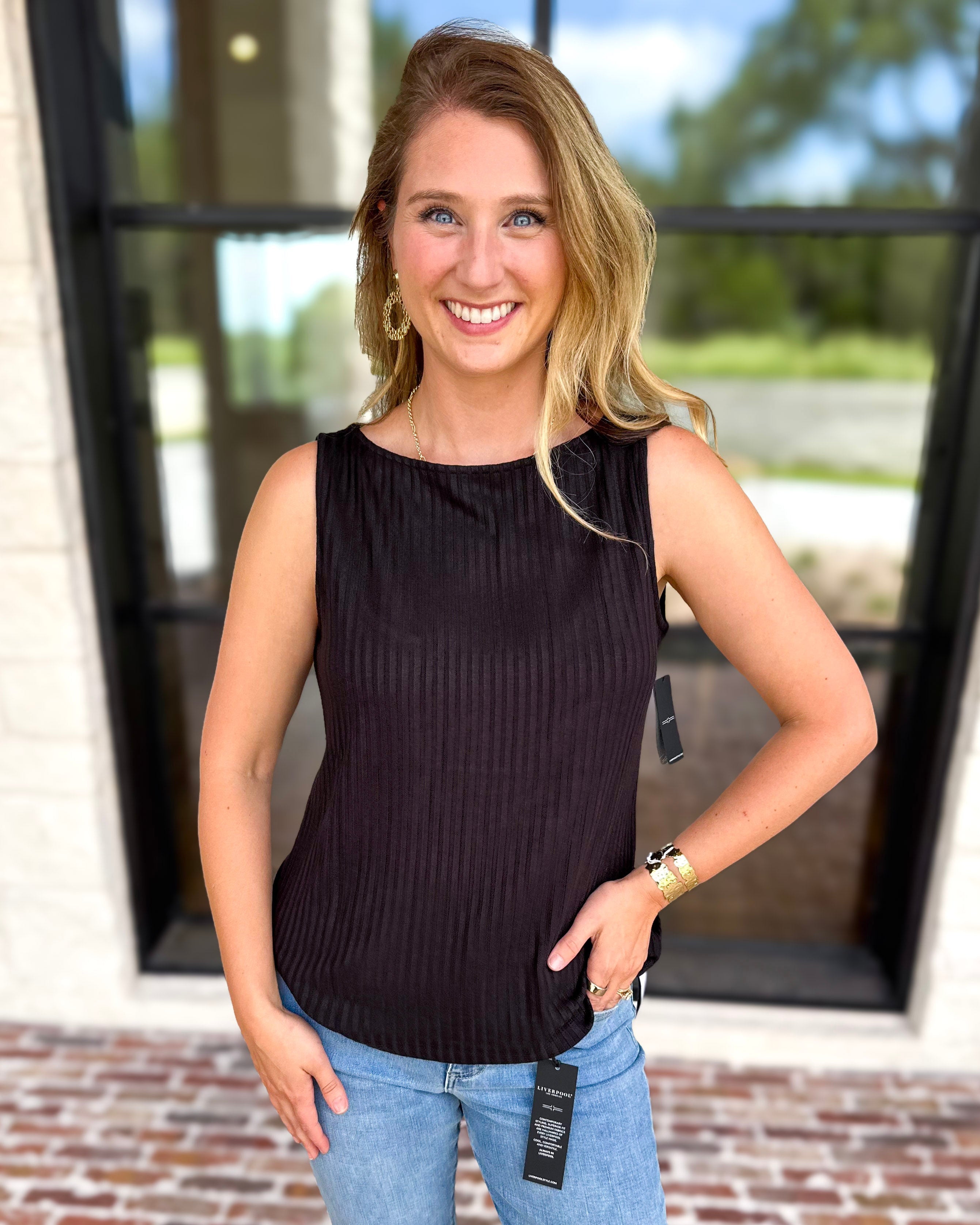 Liverpool - Classic Boatneck Knit Tank - Black-210 Casual Blouses-LIVERPOOL JEANS COMPANY-July & June Women's Fashion Boutique Located in San Antonio, Texas