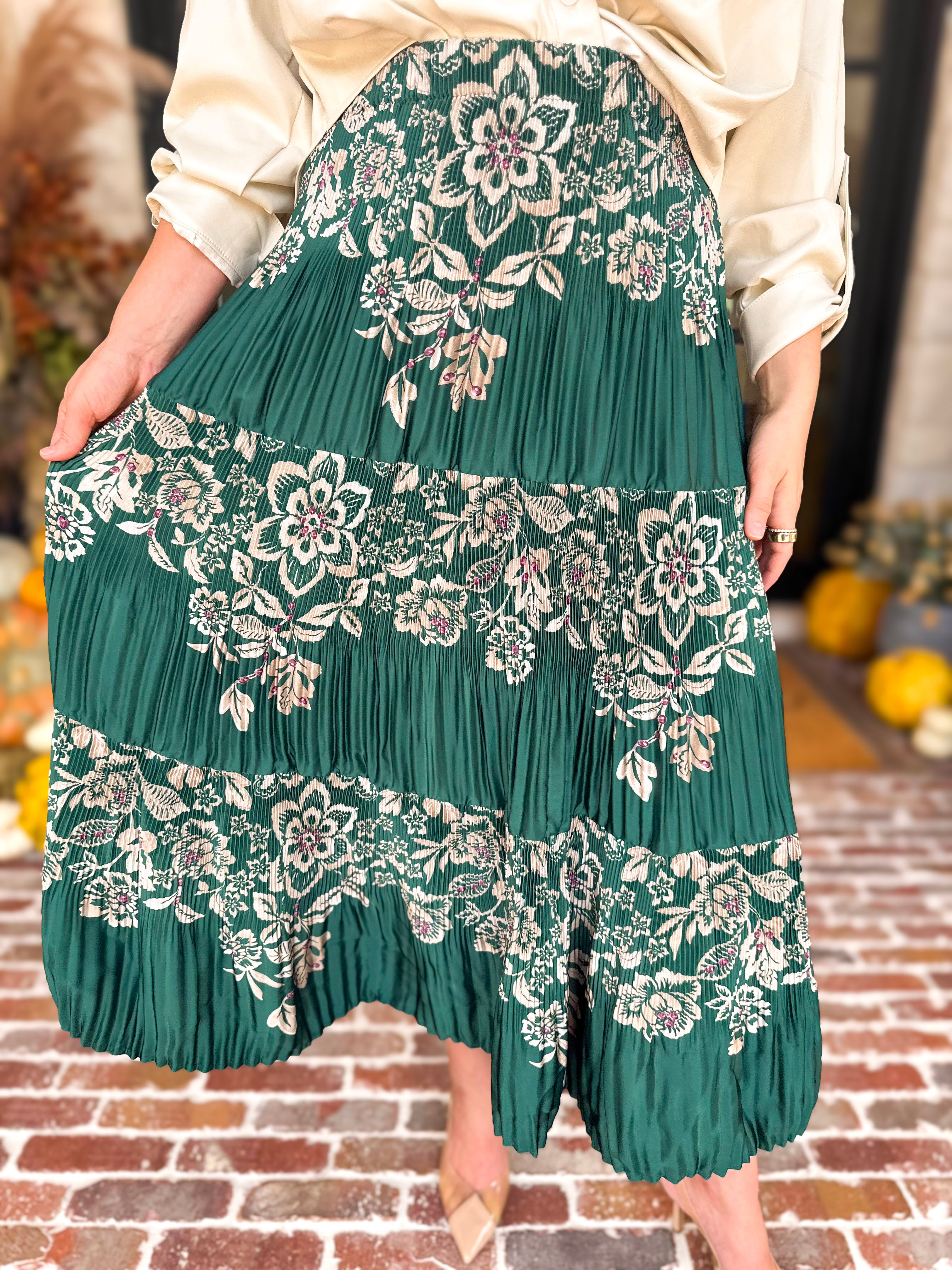 Current Air - Emerald Green Floral Pleated Midi Skirt-410 Shorts/Skirts-CURRENT AIR CLOTHING-July & June Women's Fashion Boutique Located in San Antonio, Texas