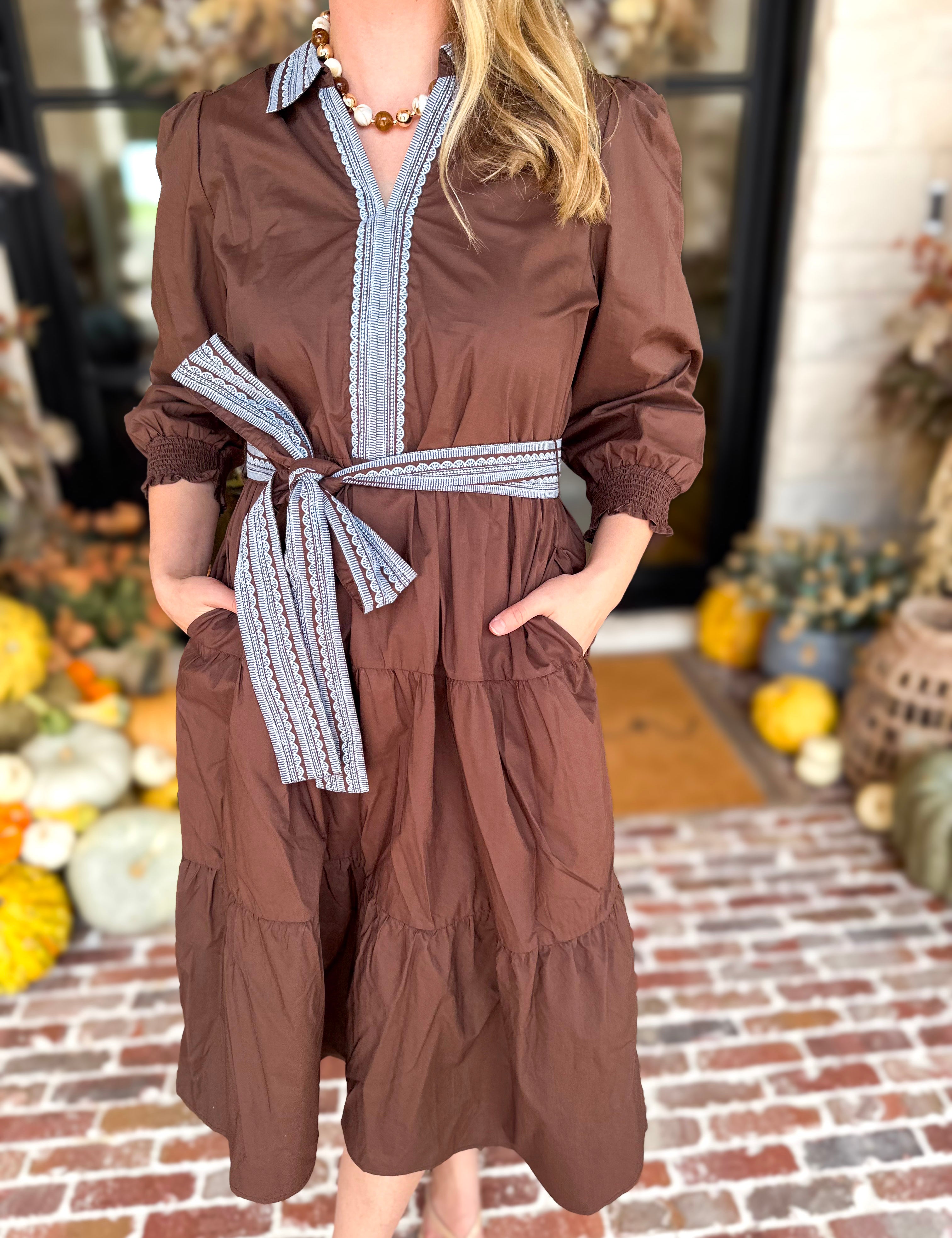 Mary Square - Lace Embroidered Brown Midi Dress-500 Midi-MARY SQUARE-July & June Women's Fashion Boutique Located in San Antonio, Texas