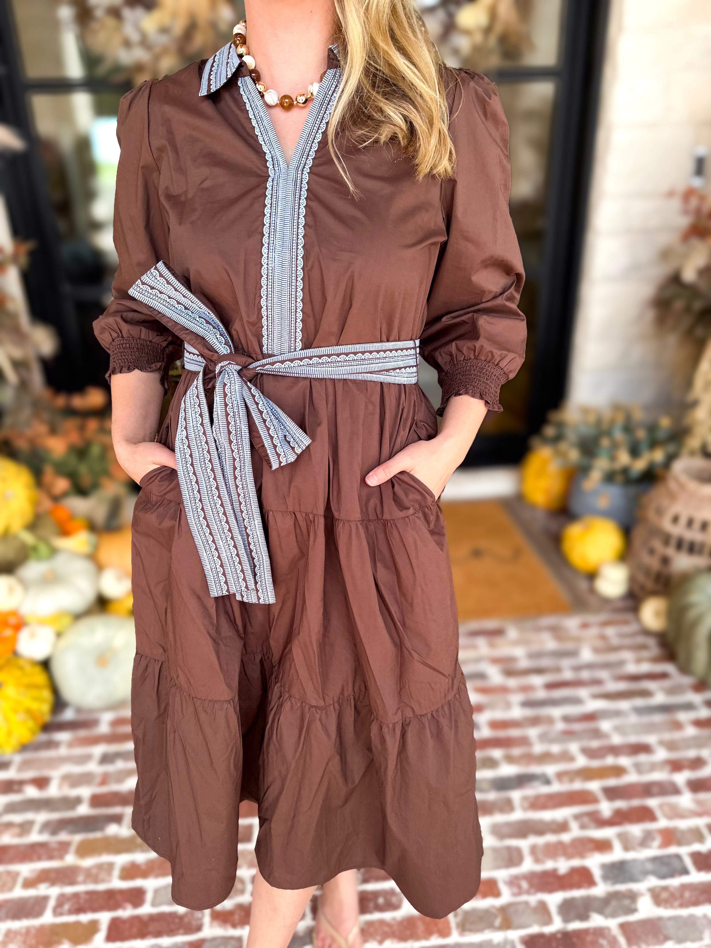 Mary Square - Lace Embroidered Brown Midi Dress-500 Midi-MARY SQUARE-July & June Women's Fashion Boutique Located in San Antonio, Texas