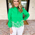 Current Air - Kelly Green Eyelet Lace Blouse-200 Fashion Blouses-CURRENT AIR CLOTHING-July & June Women's Fashion Boutique Located in San Antonio, Texas