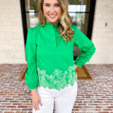 Current Air - Kelly Green Eyelet Lace Blouse-200 Fashion Blouses-CURRENT AIR CLOTHING-July & June Women's Fashion Boutique Located in San Antonio, Texas