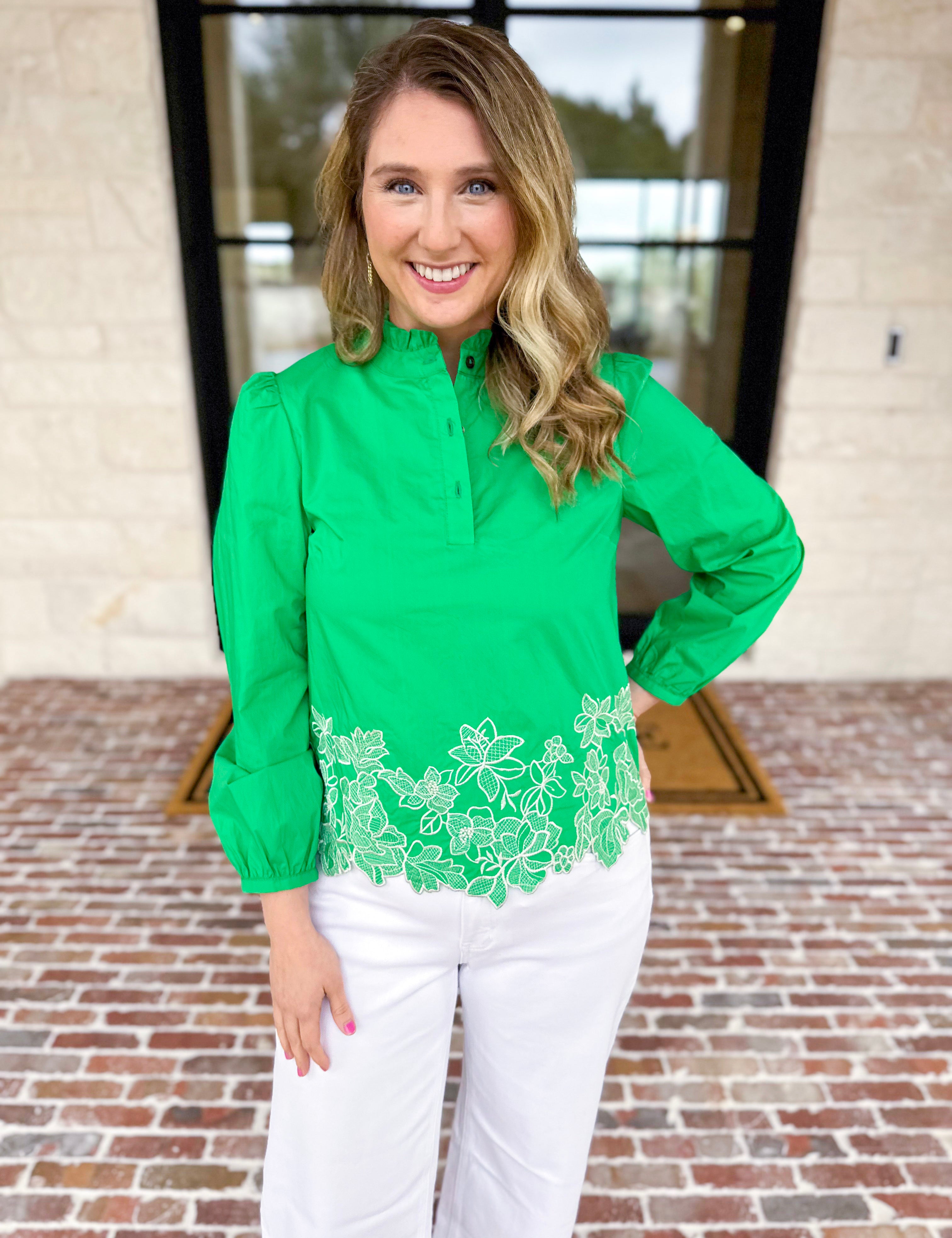 Current Air - Kelly Green Eyelet Lace Blouse-200 Fashion Blouses-CURRENT AIR CLOTHING-July & June Women's Fashion Boutique Located in San Antonio, Texas