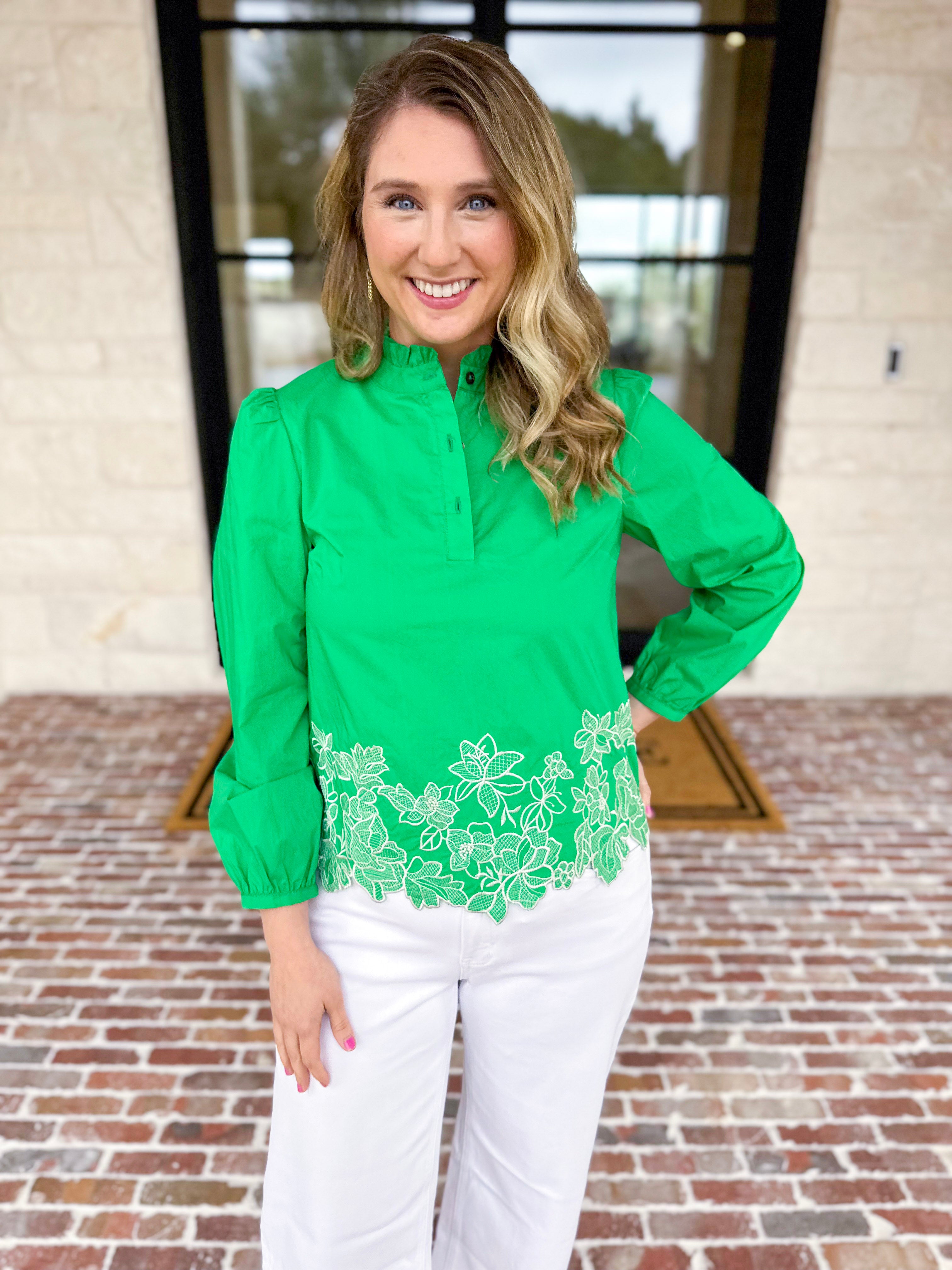 Current Air - Kelly Green Eyelet Lace Blouse-200 Fashion Blouses-CURRENT AIR CLOTHING-July & June Women's Fashion Boutique Located in San Antonio, Texas