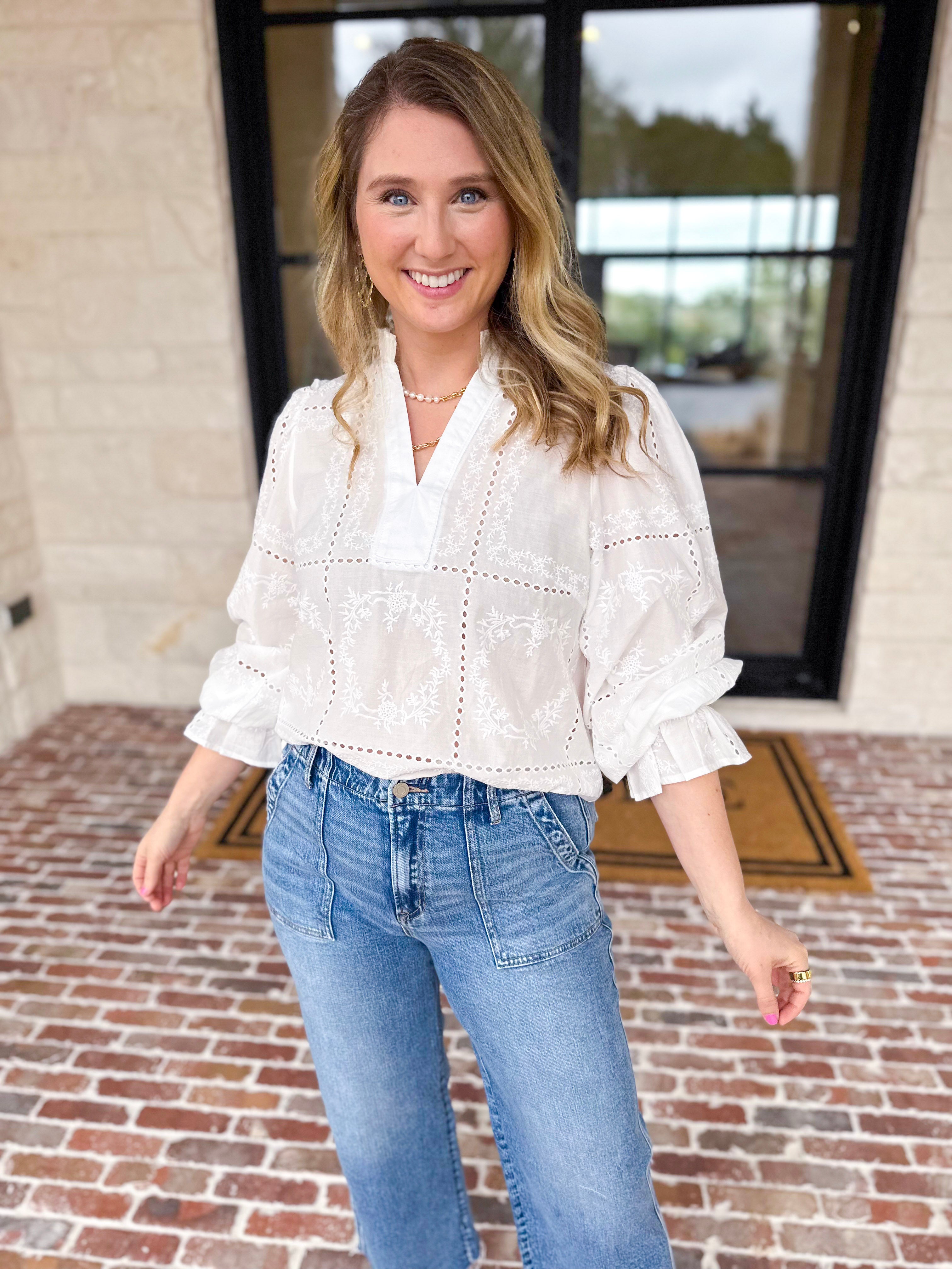 Bloom Where You're Planted Blouse - White-200 Fashion Blouses-ENTRO-July & June Women's Fashion Boutique Located in San Antonio, Texas
