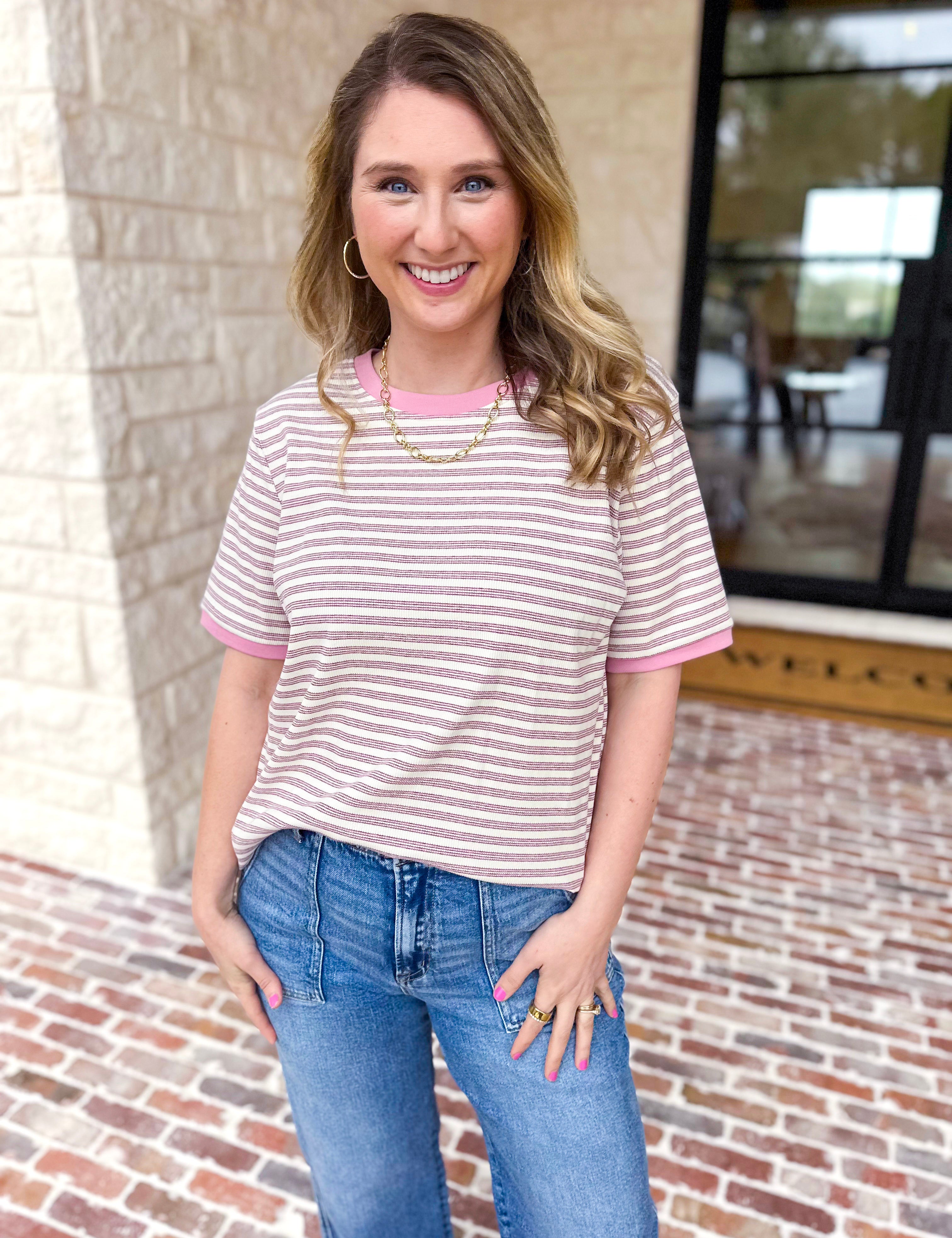 Casual Hangout Striped Tee - Pink-210 Casual Blouses-POLOGRAM-July & June Women's Fashion Boutique Located in San Antonio, Texas