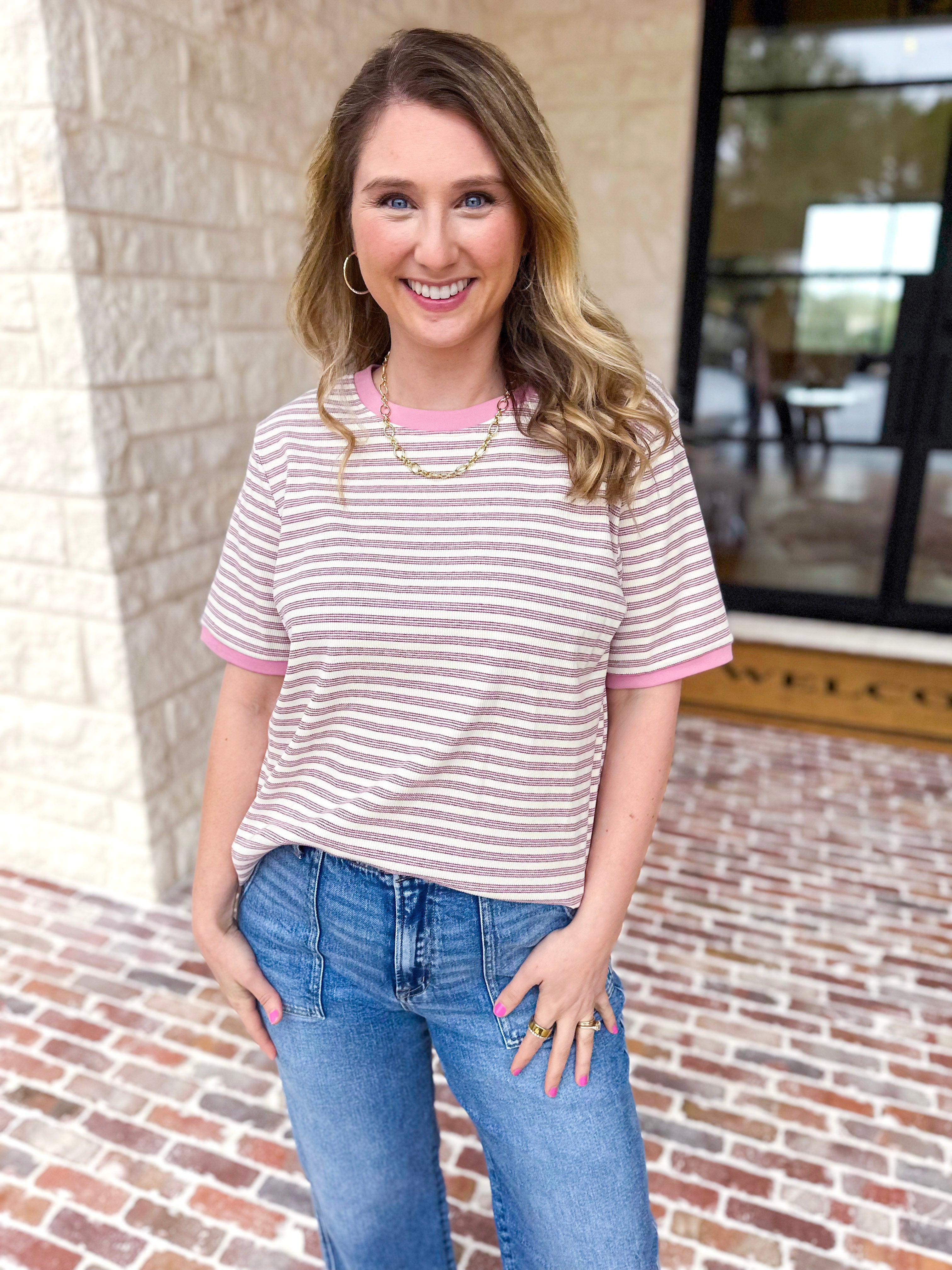 Casual Hangout Striped Tee - Pink-210 Casual Blouses-POLOGRAM-July & June Women's Fashion Boutique Located in San Antonio, Texas