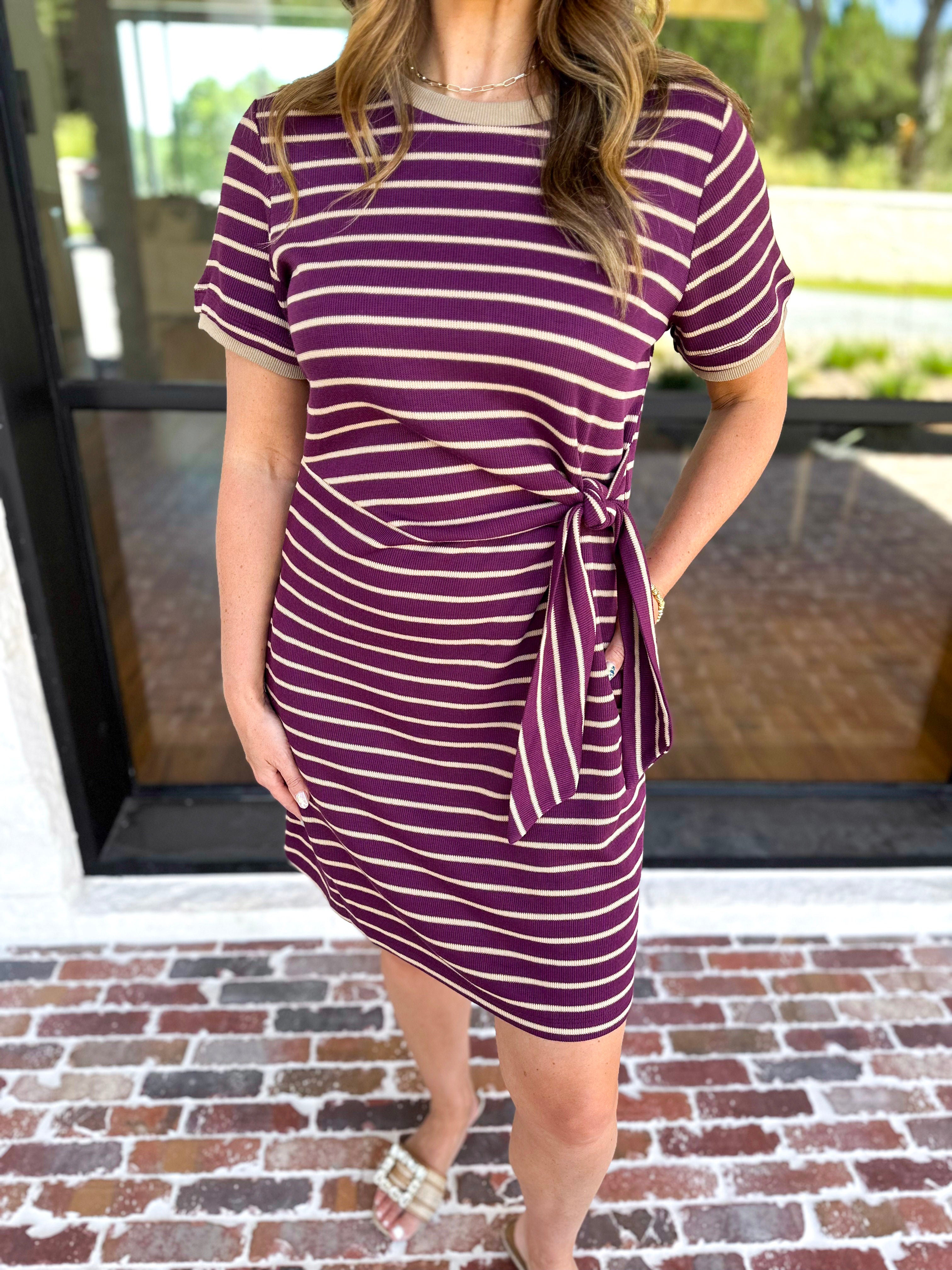 Striped Twist Mini Dress - Maroon-510 Mini-ENTRO-July & June Women's Fashion Boutique Located in San Antonio, Texas