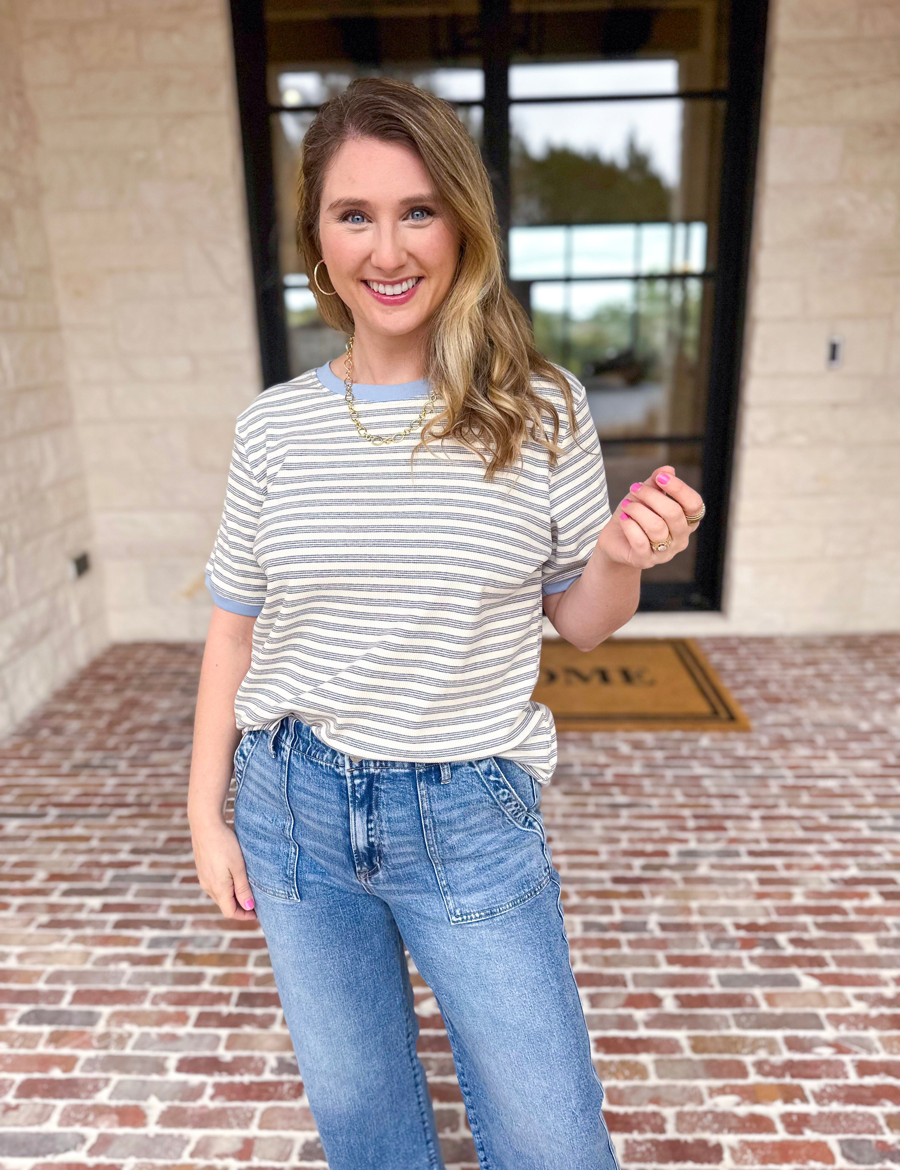 Casual Hangout Striped Tee - Blue-210 Casual Blouses-POLOGRAM-July & June Women's Fashion Boutique Located in San Antonio, Texas