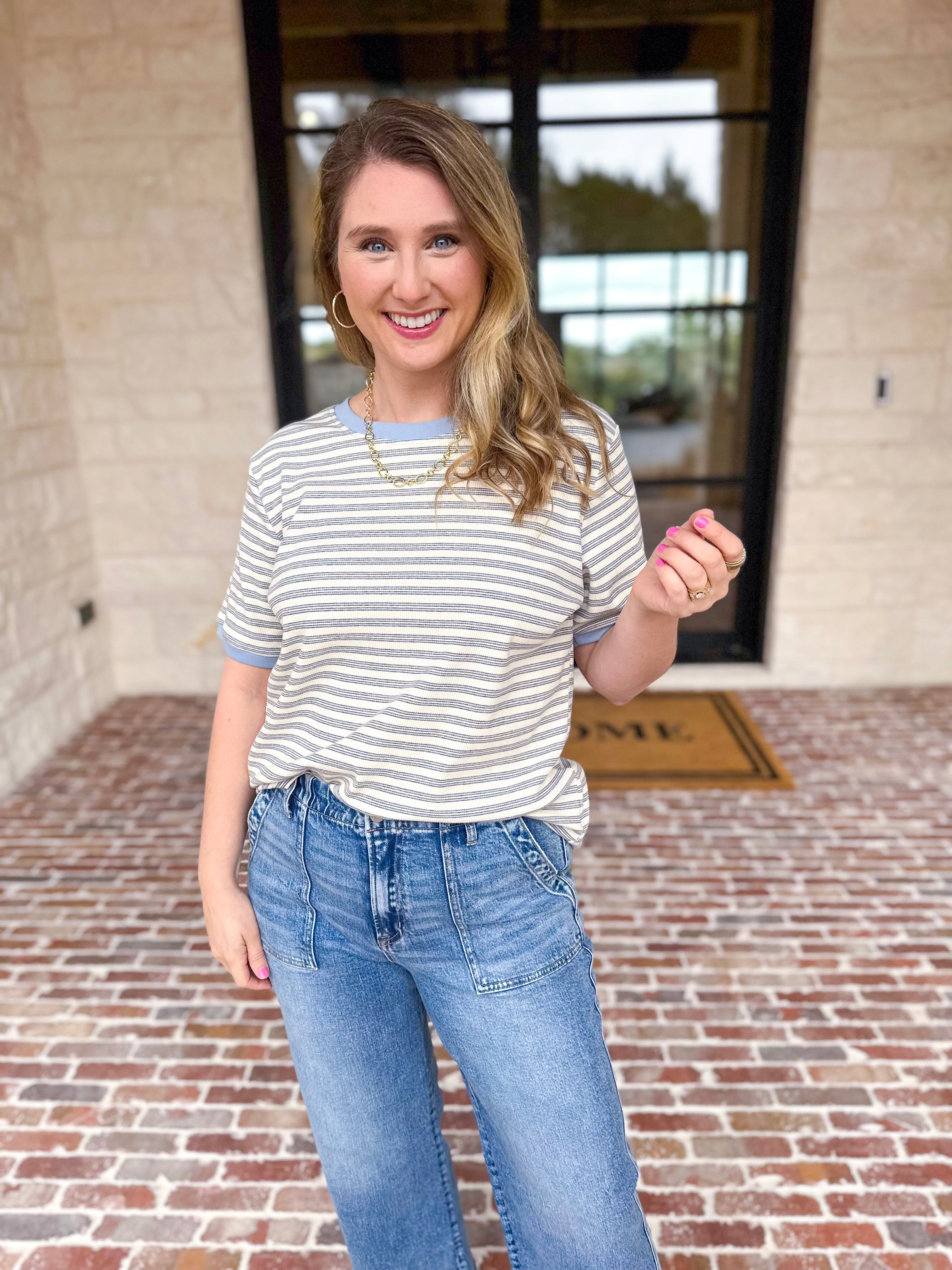 Casual Hangout Striped Tee - Blue-210 Casual Blouses-POLOGRAM-July & June Women's Fashion Boutique Located in San Antonio, Texas