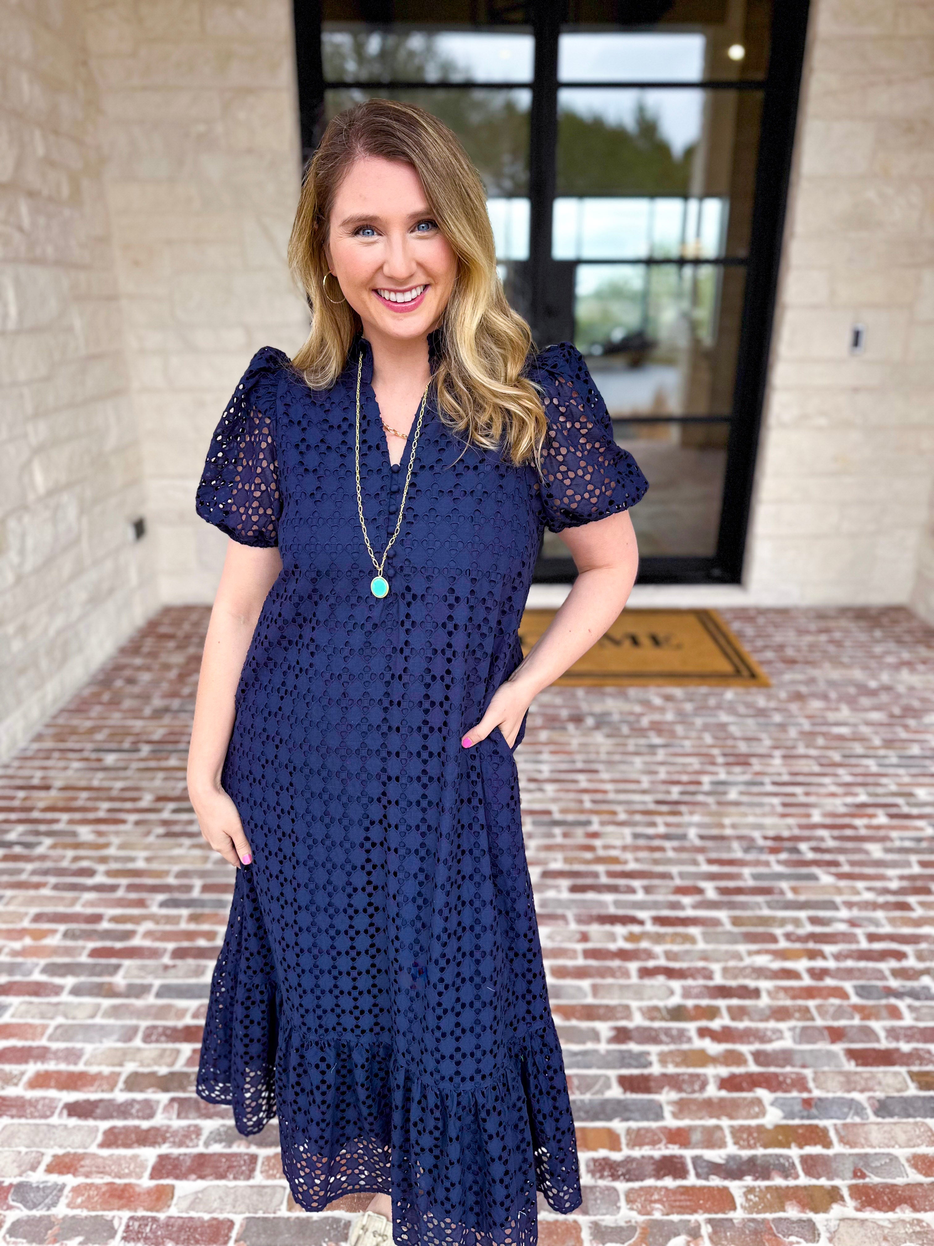 The Graceful Gathering Midi Dress - Navy-500 Midi-ENTRO-July & June Women's Fashion Boutique Located in San Antonio, Texas