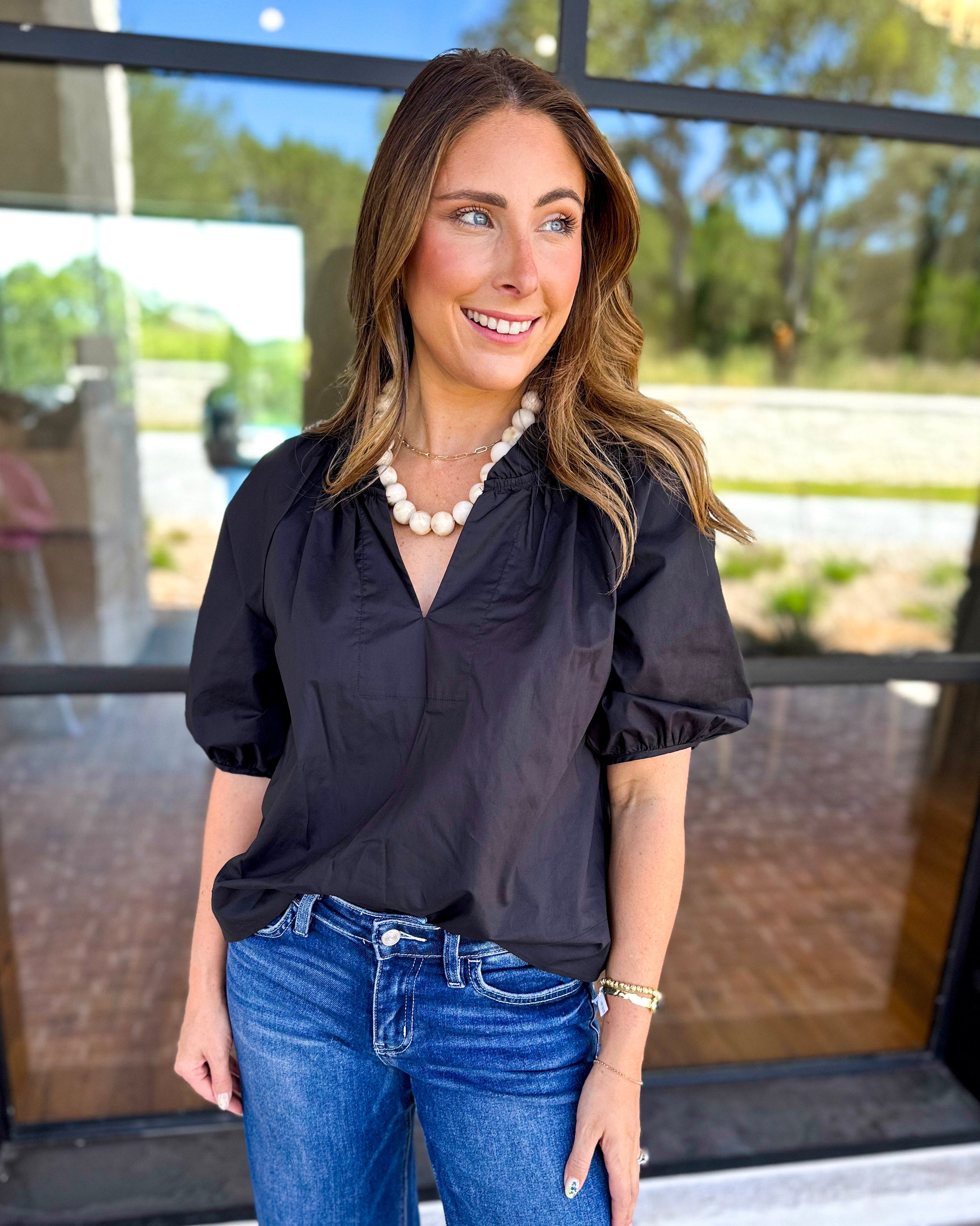 Feminine Everyday V-Neck Blouse - Black-200 Fashion Blouses-OLIVACEOUS-July & June Women's Fashion Boutique Located in San Antonio, Texas