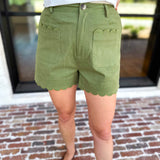 Scalloped Shorts - Matcha-410 Shorts/Skirts-ENTRO-July & June Women's Fashion Boutique Located in San Antonio, Texas