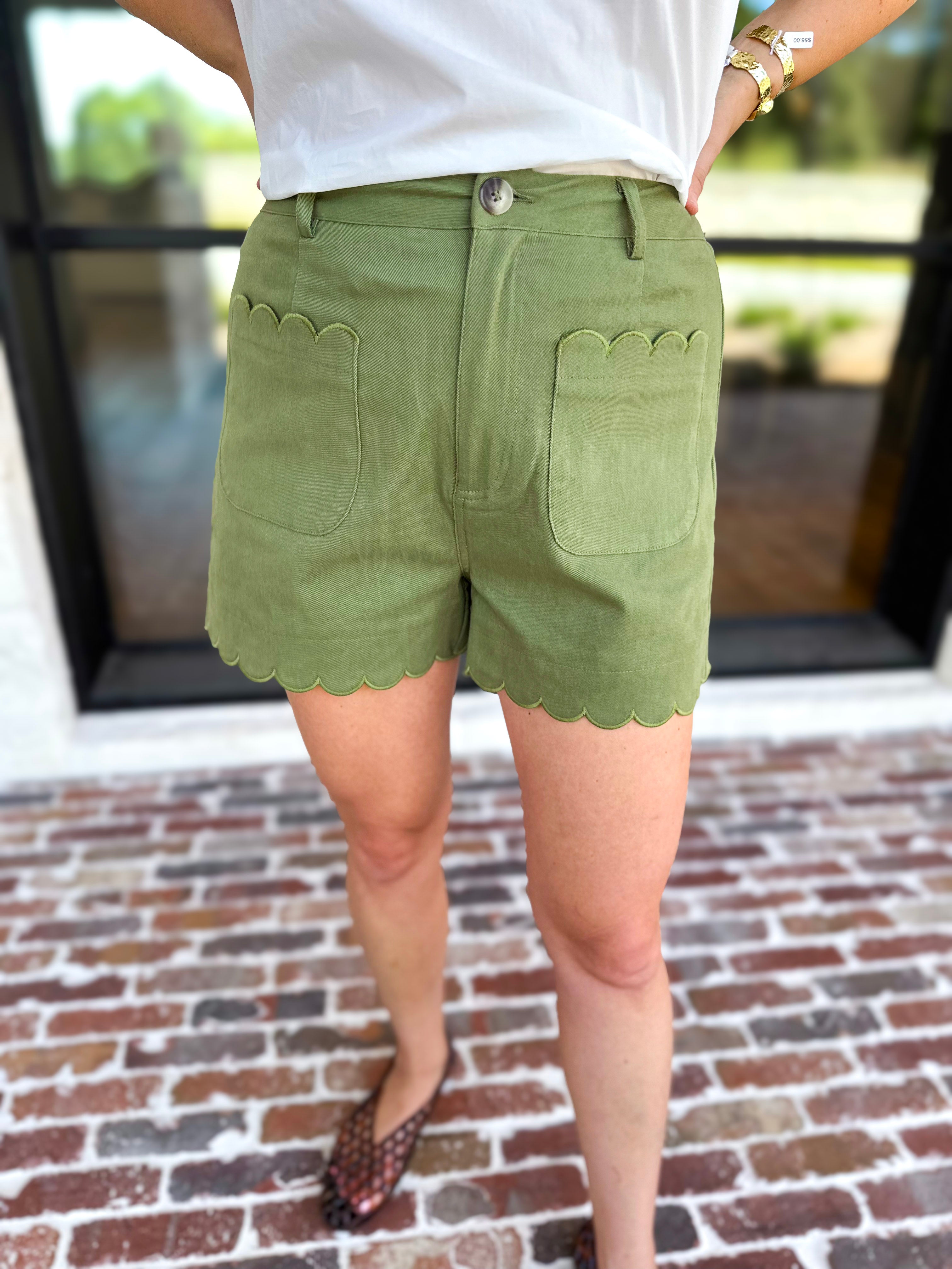 Scalloped Shorts - Matcha-410 Shorts/Skirts-ENTRO-July & June Women's Fashion Boutique Located in San Antonio, Texas