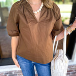 Feminine Everyday V-Neck Blouse - Chocolate Brown-200 Fashion Blouses-OLIVACEOUS-July & June Women's Fashion Boutique Located in San Antonio, Texas