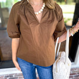 Feminine Everyday V-Neck Blouse - Chocolate Brown-200 Fashion Blouses-OLIVACEOUS-July & June Women's Fashion Boutique Located in San Antonio, Texas