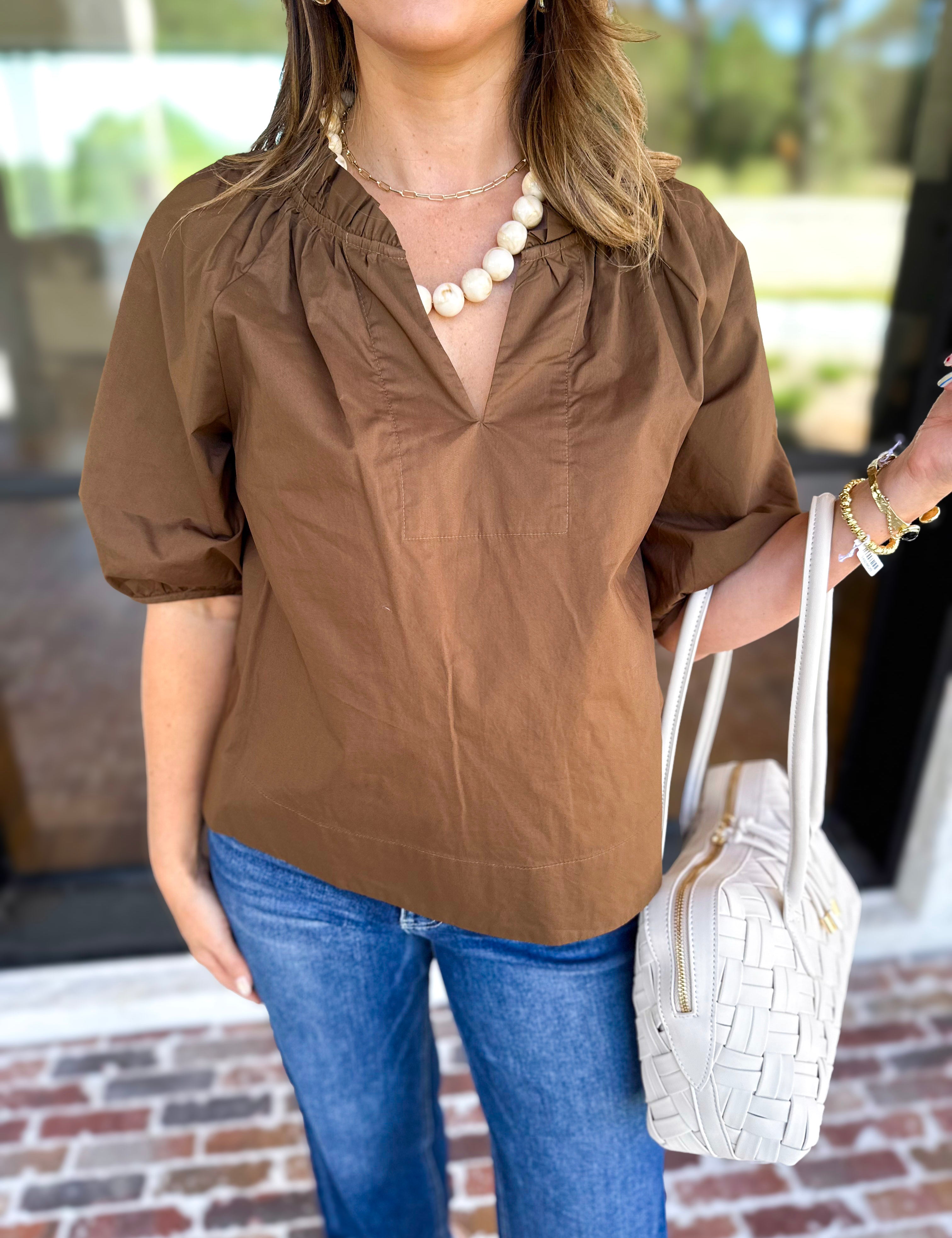 Feminine Everyday V-Neck Blouse - Chocolate Brown-200 Fashion Blouses-OLIVACEOUS-July & June Women's Fashion Boutique Located in San Antonio, Texas