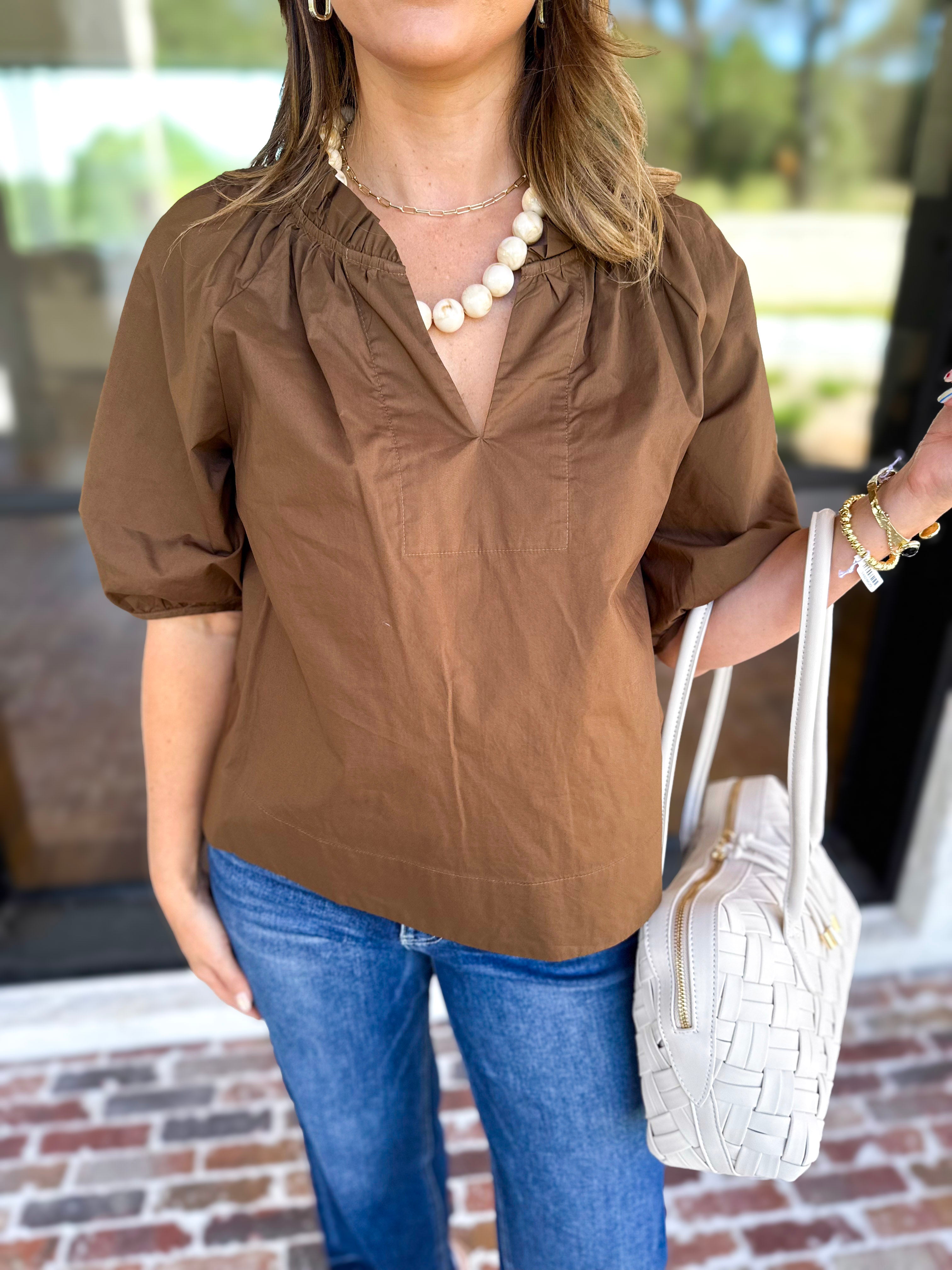 Feminine Everyday V-Neck Blouse - Chocolate Brown-200 Fashion Blouses-OLIVACEOUS-July & June Women's Fashion Boutique Located in San Antonio, Texas