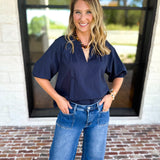 Feminine Everyday V-Neck Blouse - Navy Blue-200 Fashion Blouses-OLIVACEOUS-July & June Women's Fashion Boutique Located in San Antonio, Texas