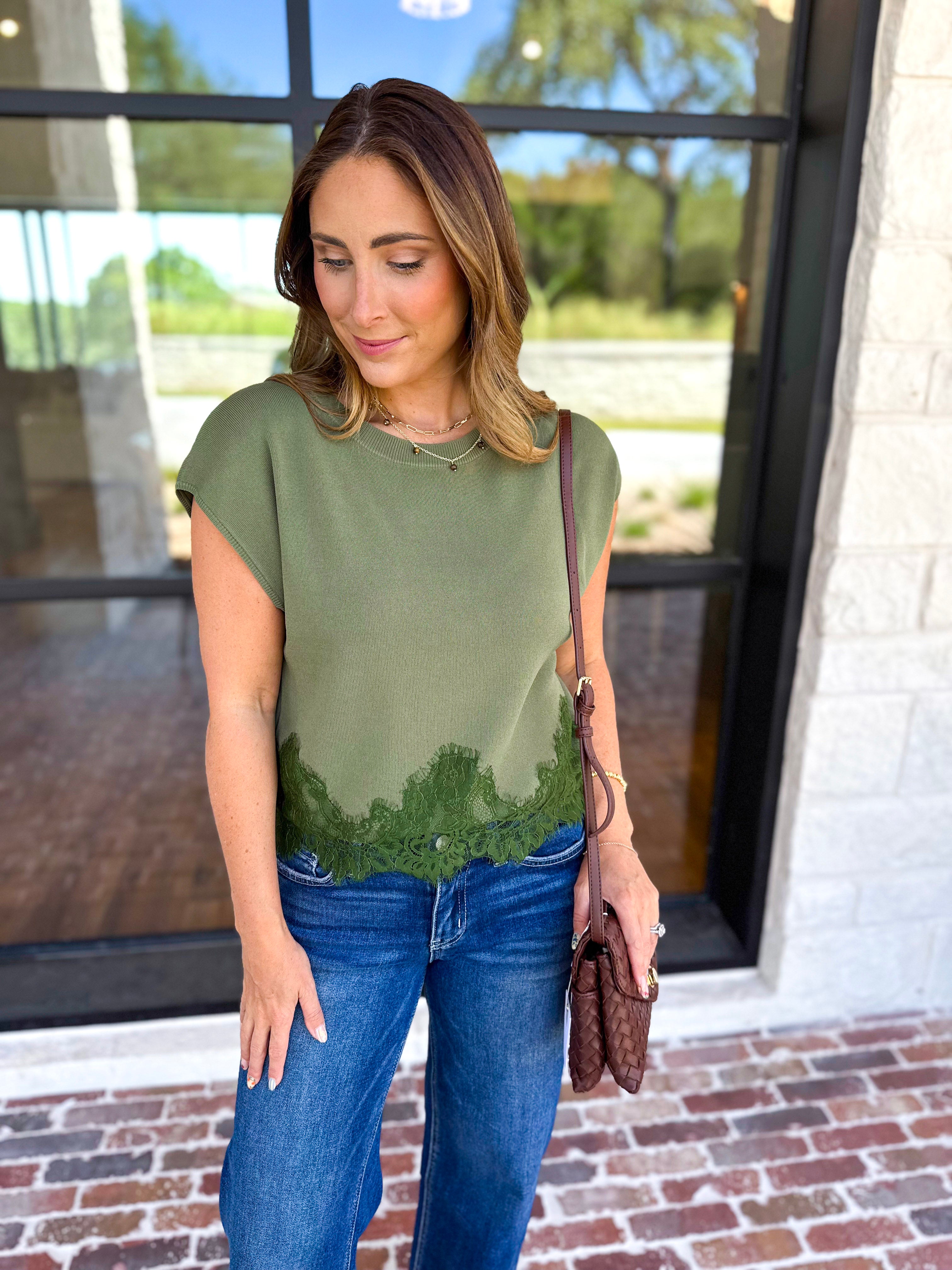 The Timeless Lace Detail Top - Olive-200 Fashion Blouses-ENTRO-July & June Women's Fashion Boutique Located in San Antonio, Texas