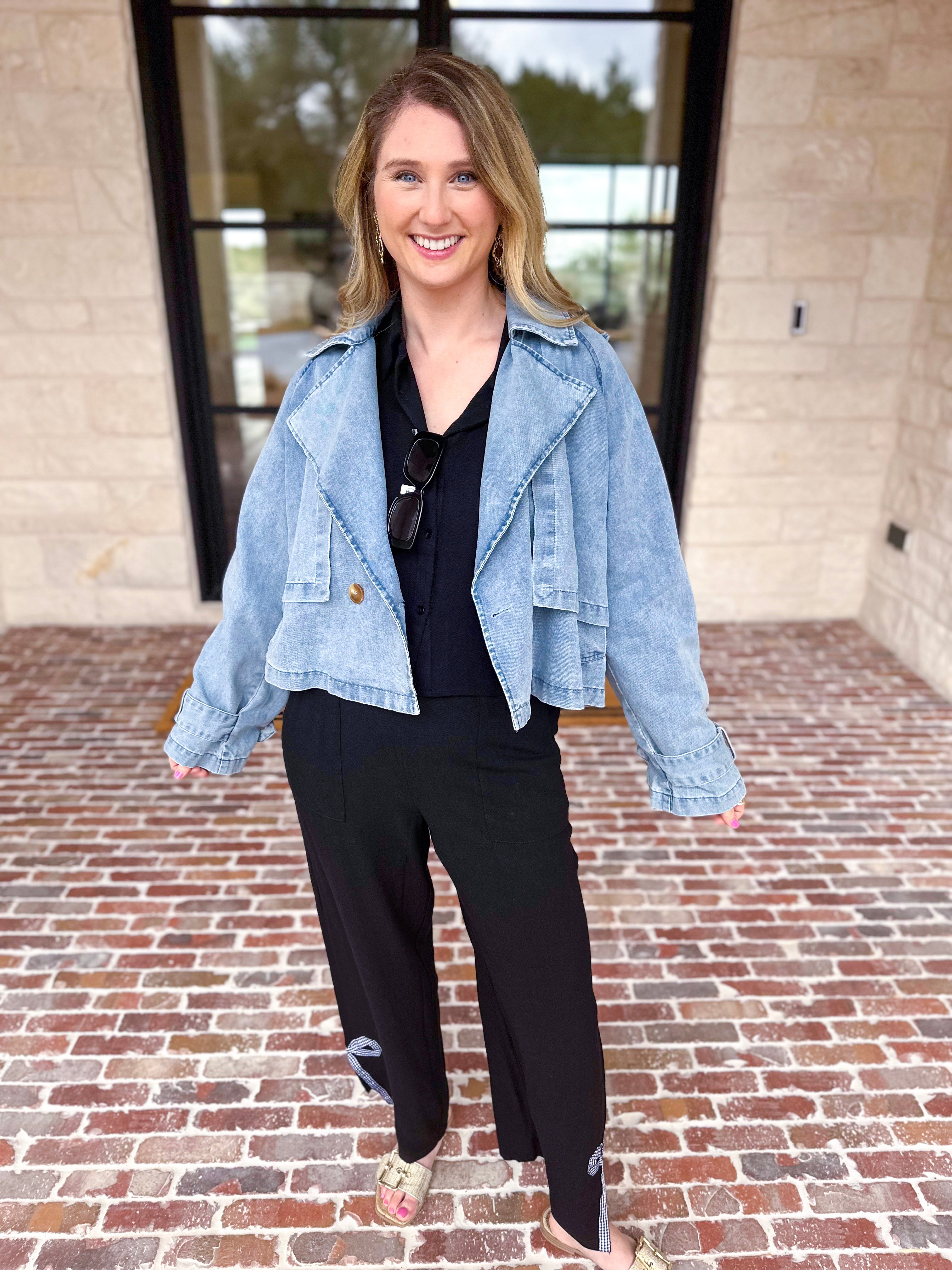 Light Wash Trench Style Denim Jacket-600 Outerwear-TCEC-July & June Women's Fashion Boutique Located in San Antonio, Texas