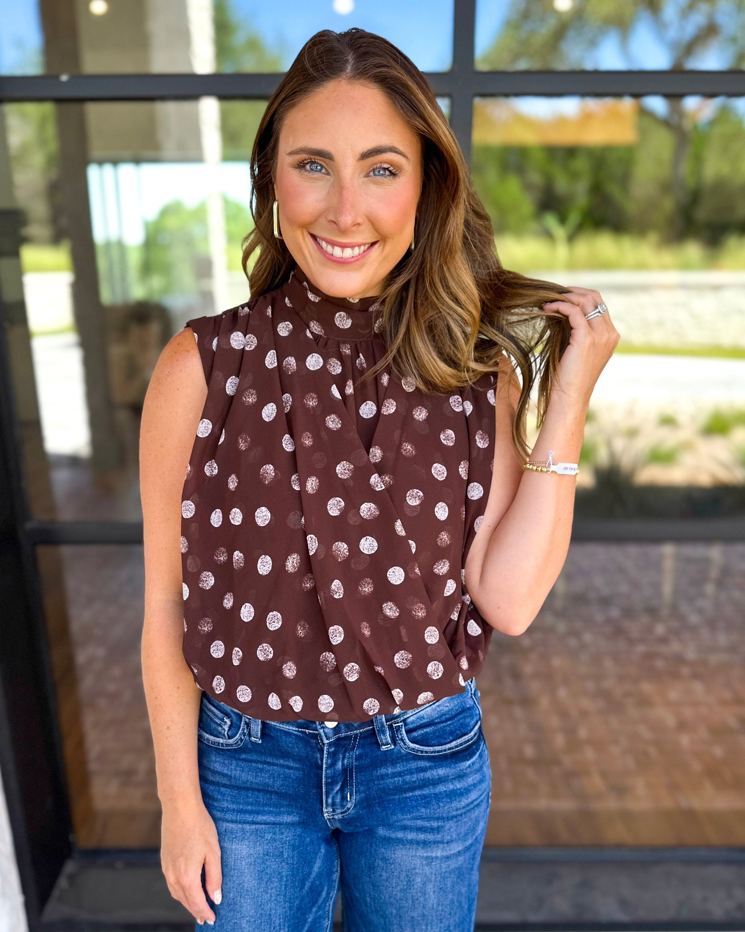 Date Night Polka Dot Top - Brown-200 Fashion Blouses-ENTRO-July & June Women's Fashion Boutique Located in San Antonio, Texas