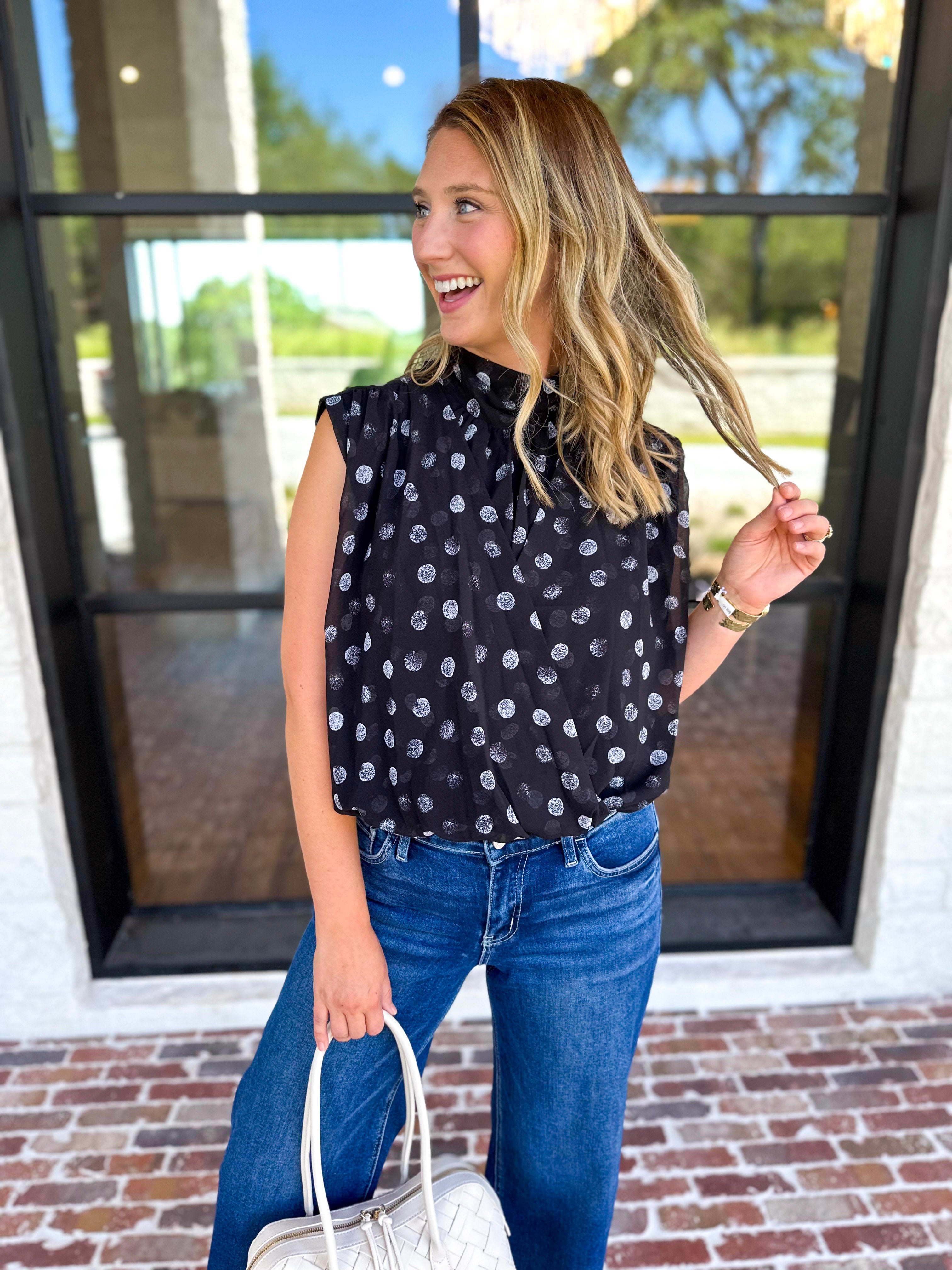 Date Night Polka Dot Top - Black-200 Fashion Blouses-ENTRO-July & June Women's Fashion Boutique Located in San Antonio, Texas
