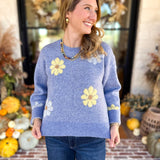 Current Air - Sky Blue Daisy Sweater-230 Sweaters/Cardis-CURRENT AIR CLOTHING-July & June Women's Fashion Boutique Located in San Antonio, Texas