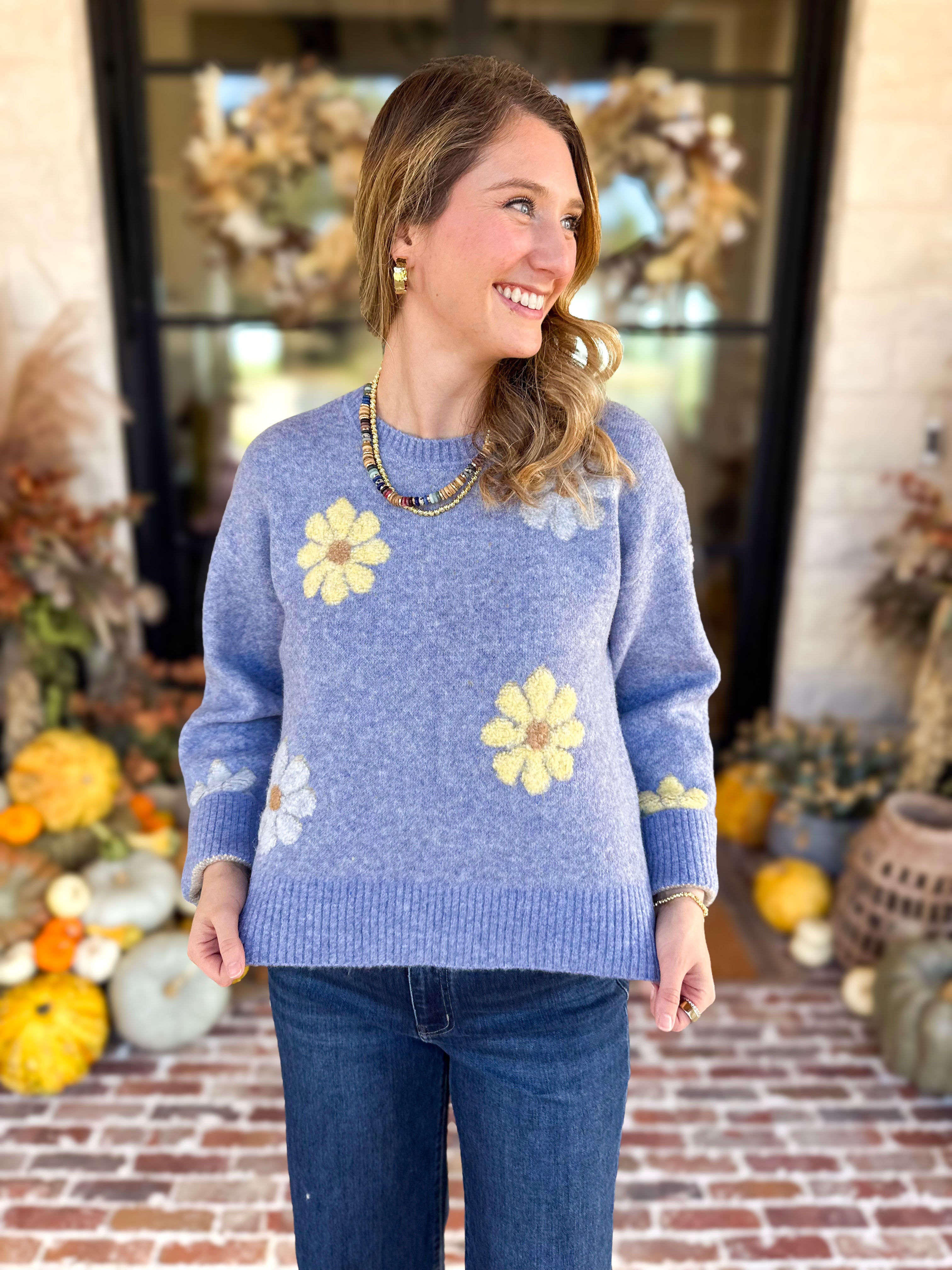Current Air - Sky Blue Daisy Sweater-230 Sweaters/Cardis-CURRENT AIR CLOTHING-July & June Women's Fashion Boutique Located in San Antonio, Texas