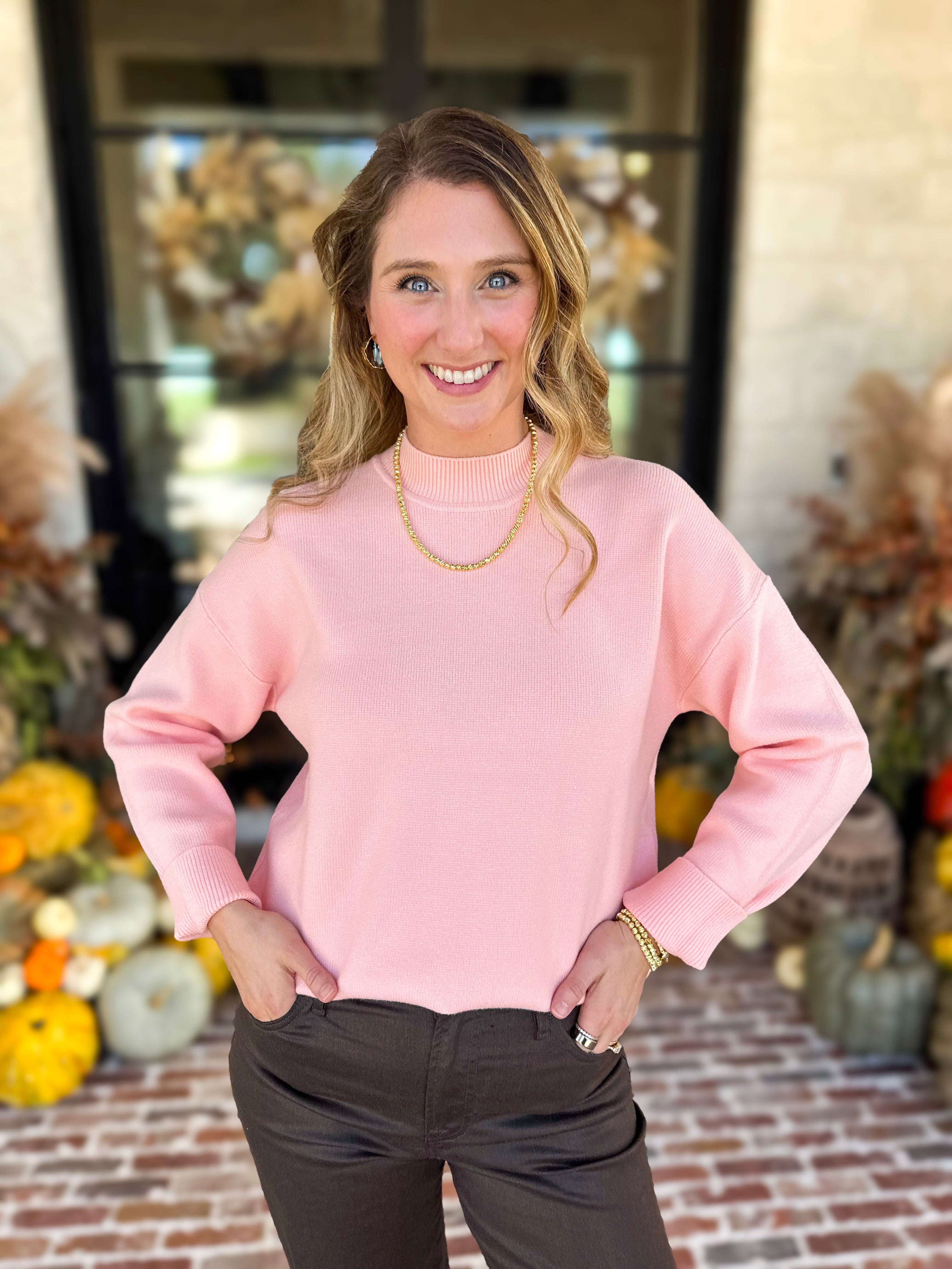 The Daily Mock Neck Sweater - Soft Pink-230 Sweaters/Cardis-SKIES ARE BLUE-July & June Women's Fashion Boutique Located in San Antonio, Texas
