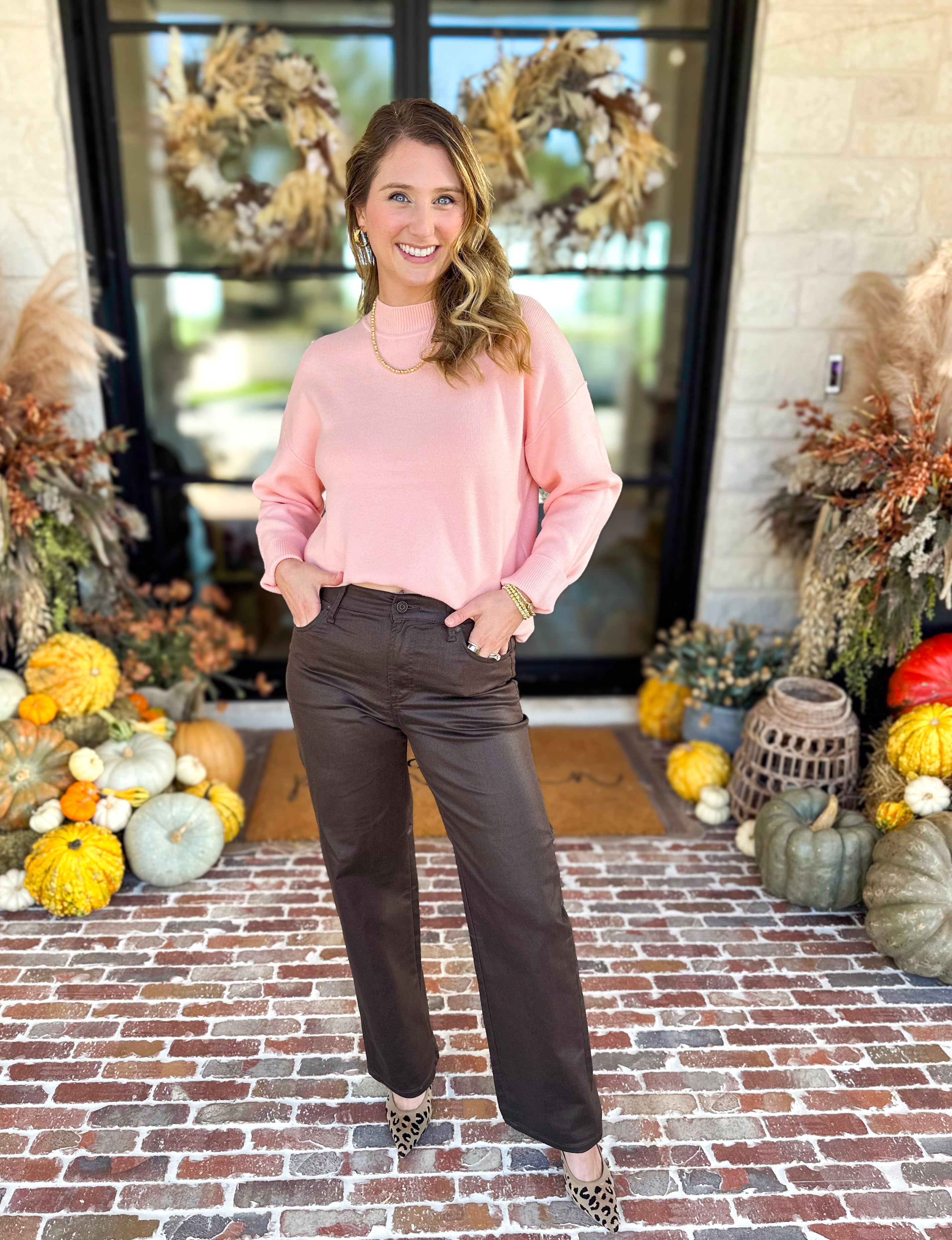 Chocolate Faux Leather Straight Leg Pants-420 Denim-HIDDEN JEANS-July & June Women's Fashion Boutique Located in San Antonio, Texas