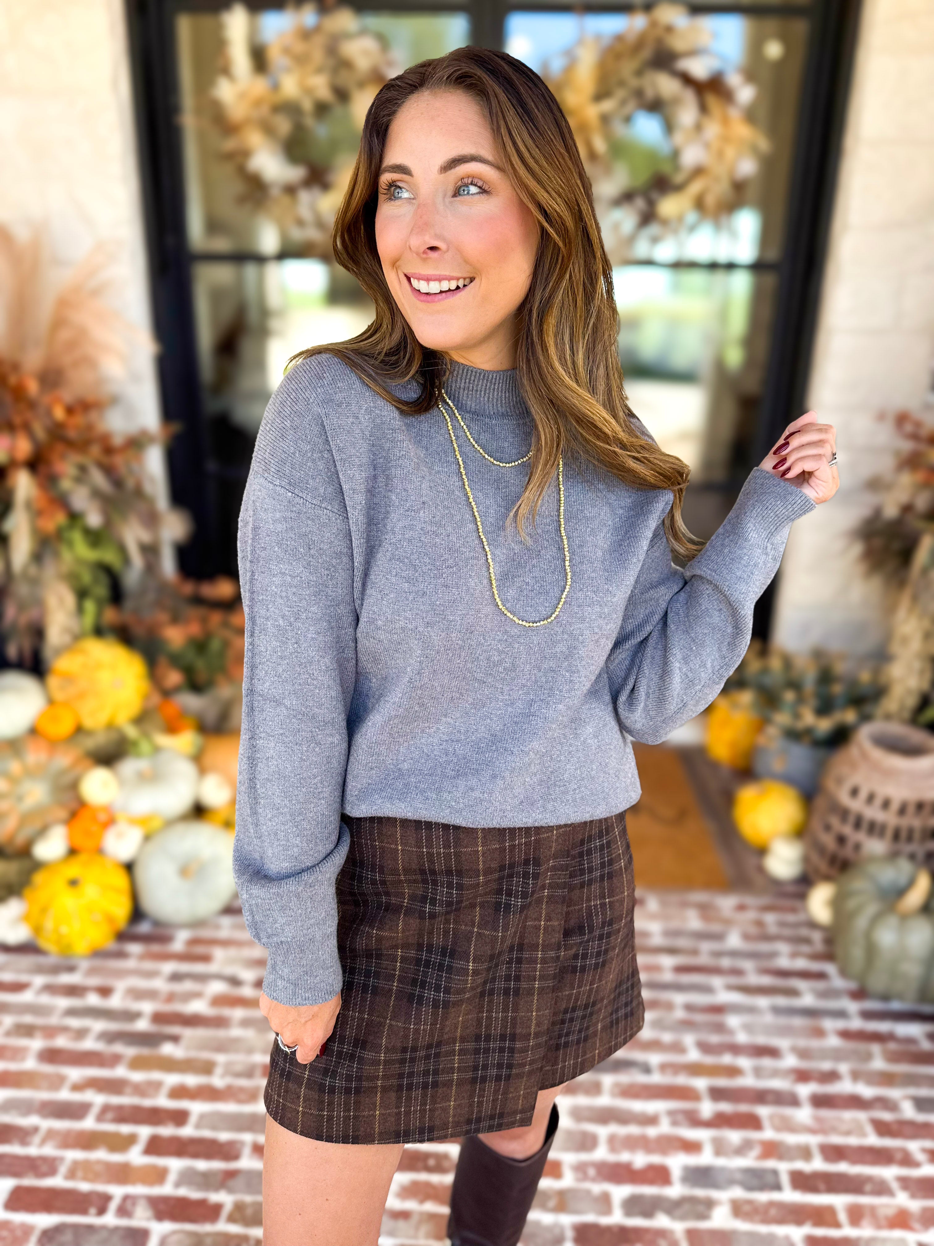 The Daily Mock Neck Sweater - Charcoal-230 Sweaters/Cardis-SKIES ARE BLUE-July & June Women's Fashion Boutique Located in San Antonio, Texas